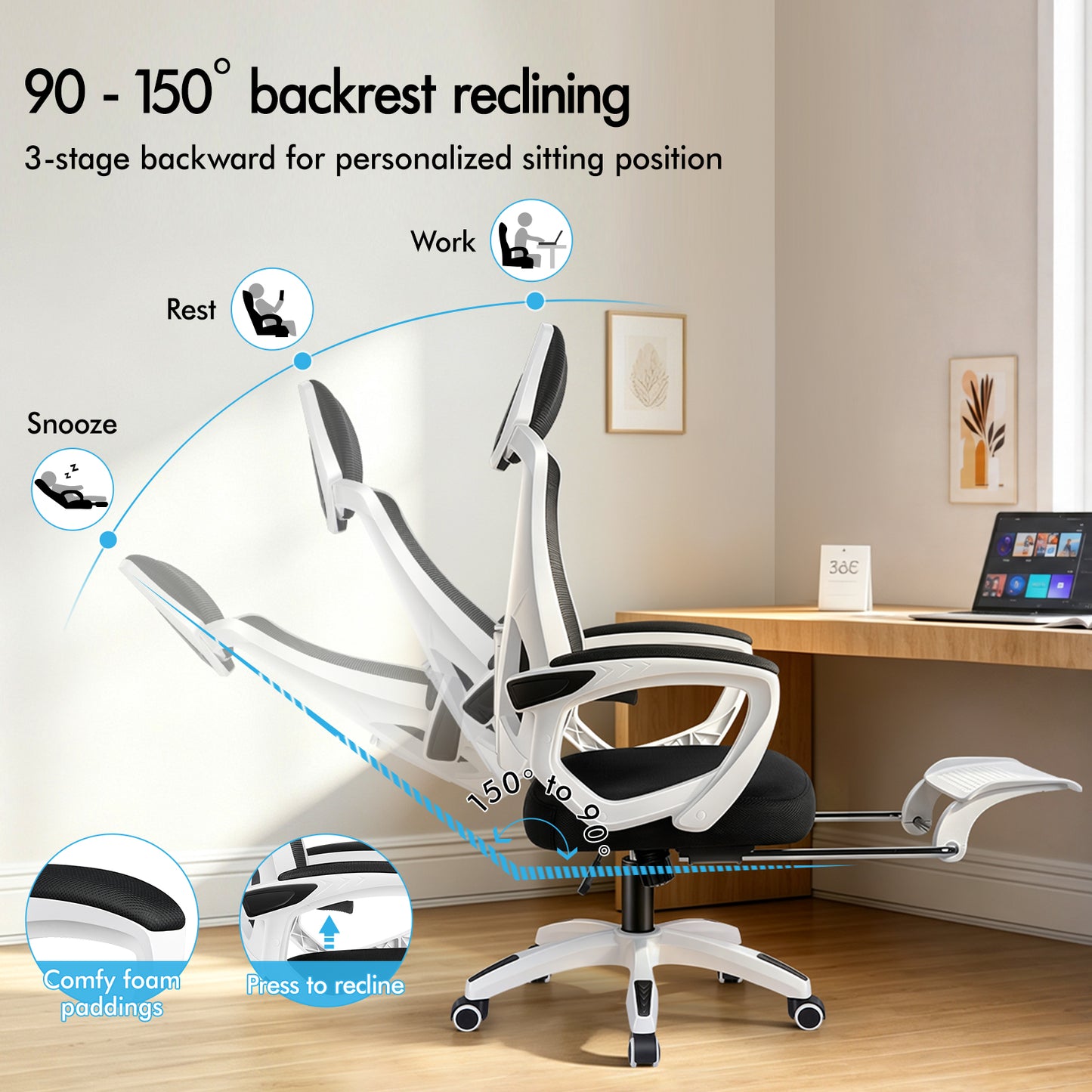 ELFORDSON Mesh Office Chair Racing Executive Fabric Seat Recliner White and Black