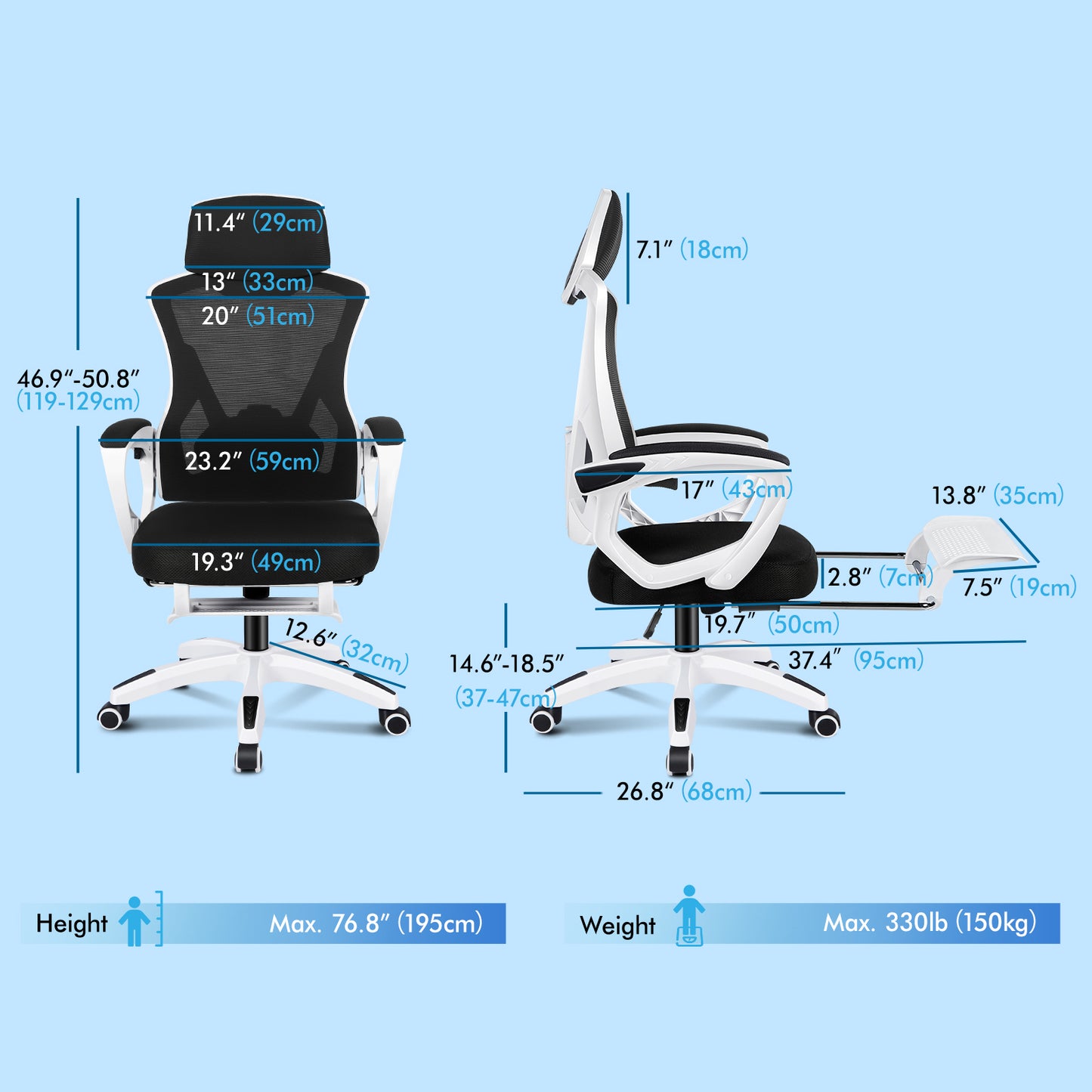 ELFORDSON Mesh Office Chair Racing Executive Fabric Seat Recliner White and Black