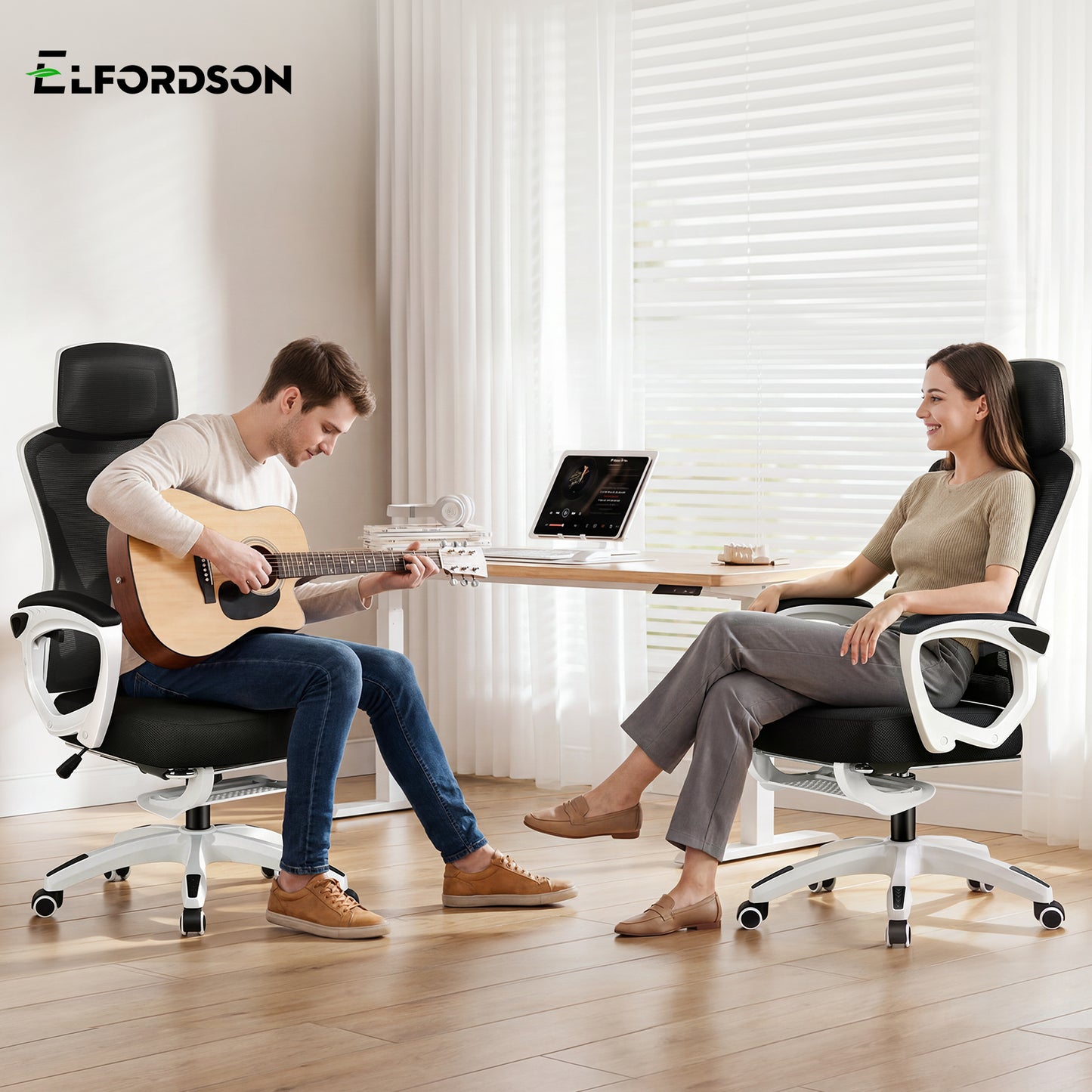 ELFORDSON Mesh Office Chair Racing Executive Fabric Seat Recliner White and Black