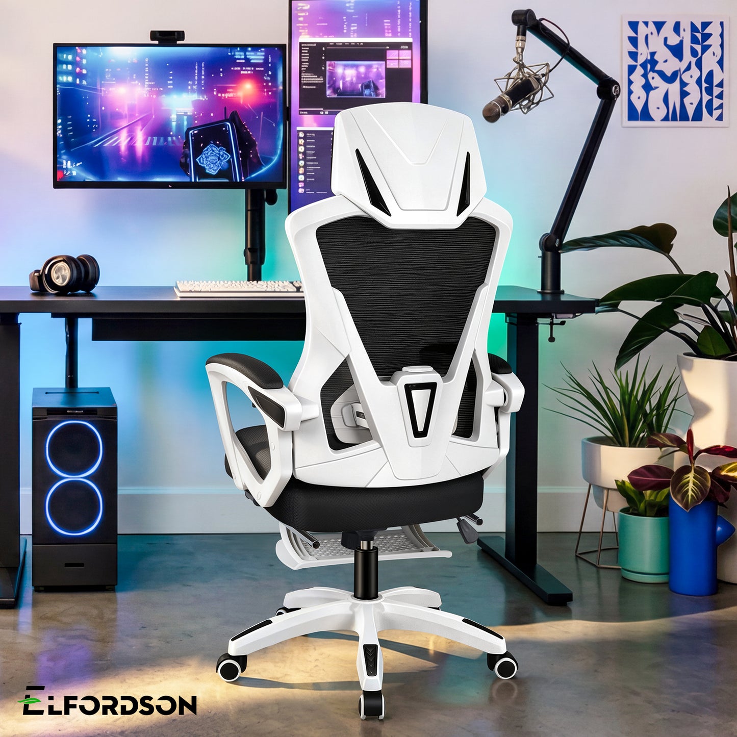 ELFORDSON Mesh Office Chair Racing Executive Fabric Seat Recliner White and Black