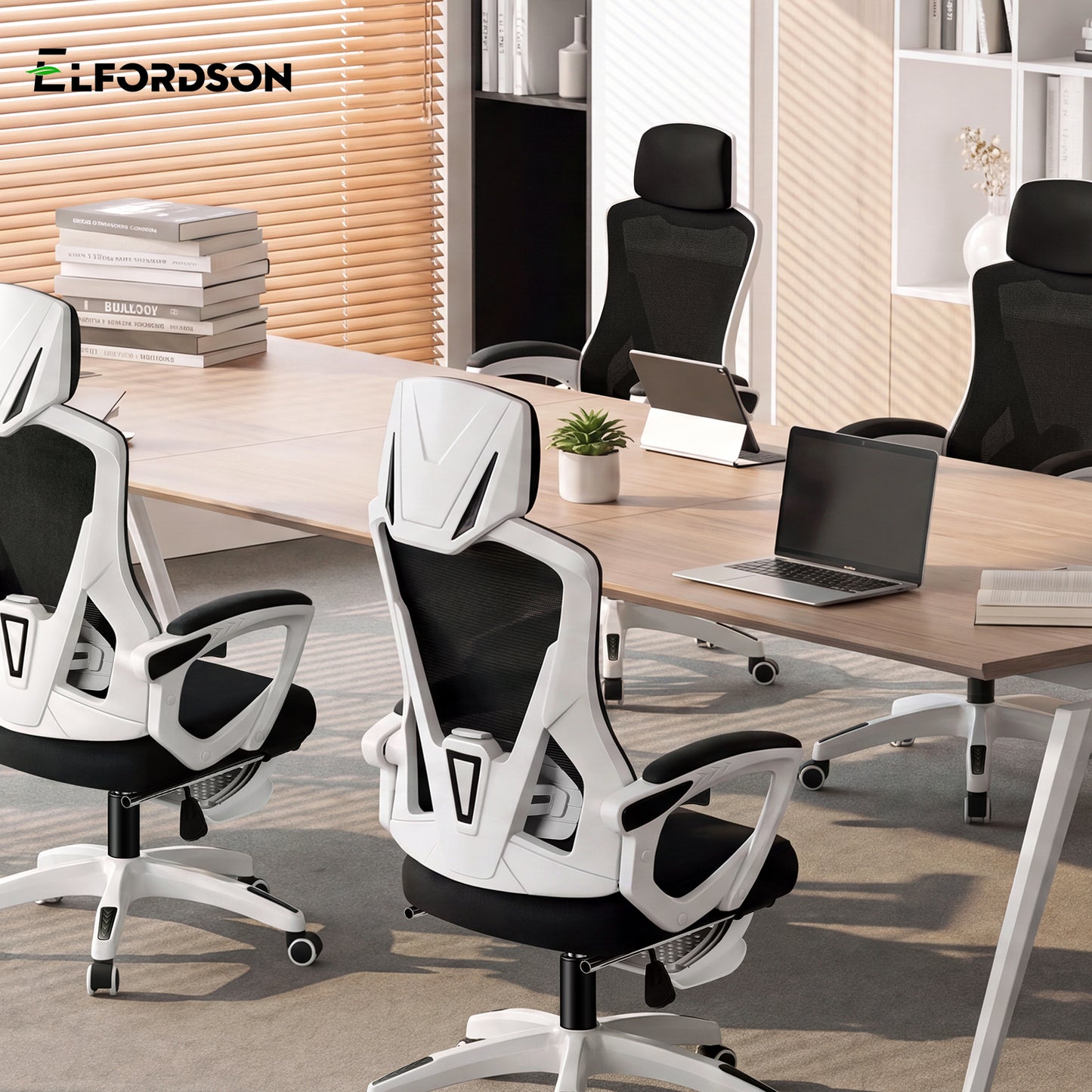 ELFORDSON Mesh Office Chair Racing Executive Fabric Seat Recliner White and Black