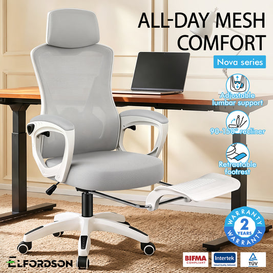 ELFORDSON Mesh Office Chair Racing Executive Fabric Seat Recliner Grey and White