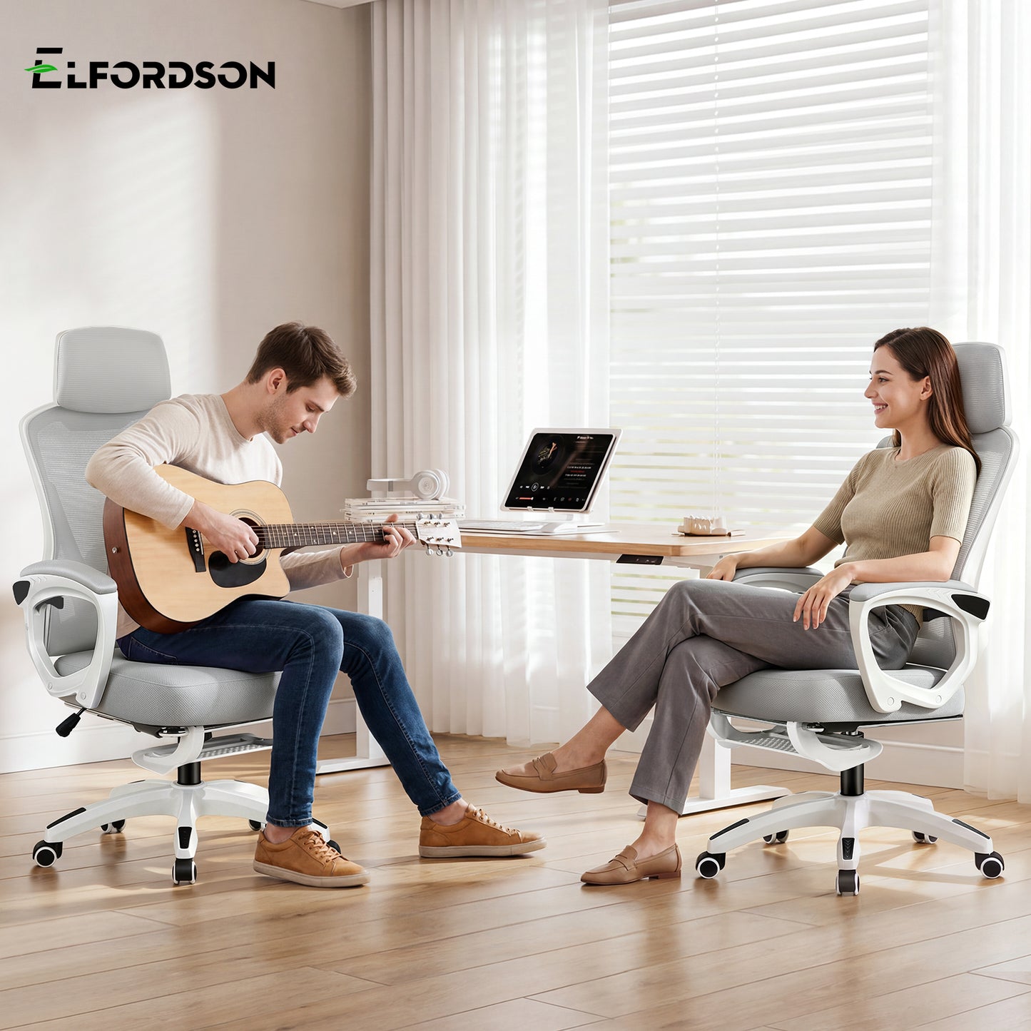 ELFORDSON Mesh Office Chair Racing Executive Fabric Seat Recliner Grey and White