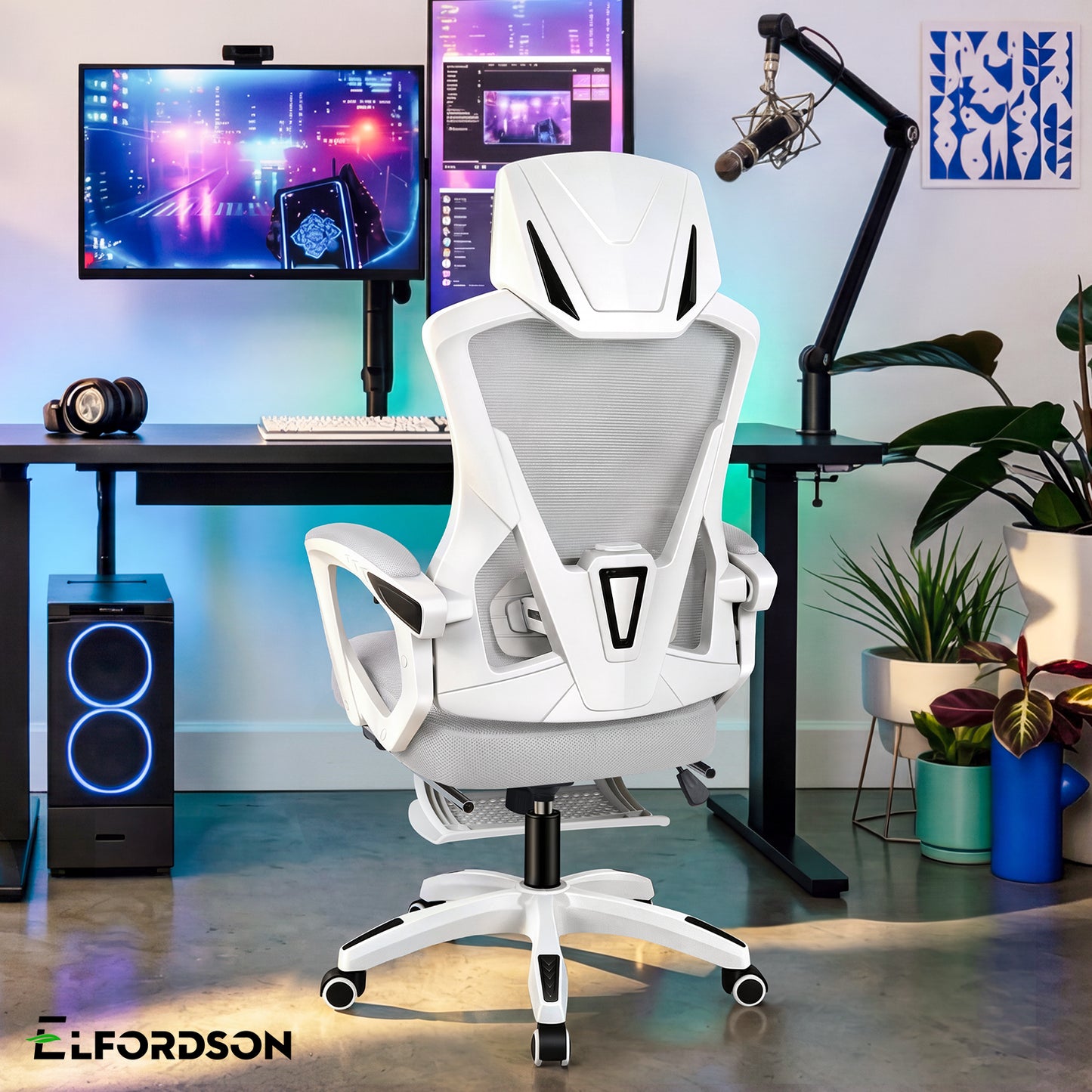 ELFORDSON Mesh Office Chair Racing Executive Fabric Seat Recliner Grey and White