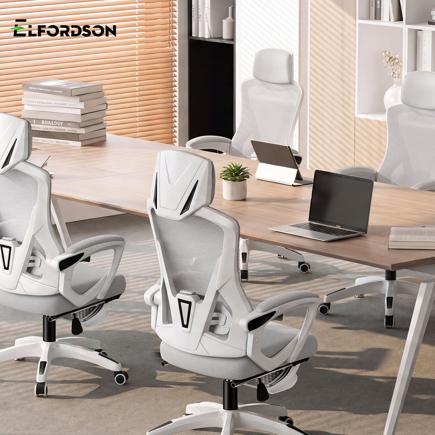 ELFORDSON Mesh Office Chair Racing Executive Fabric Seat Recliner Grey and White