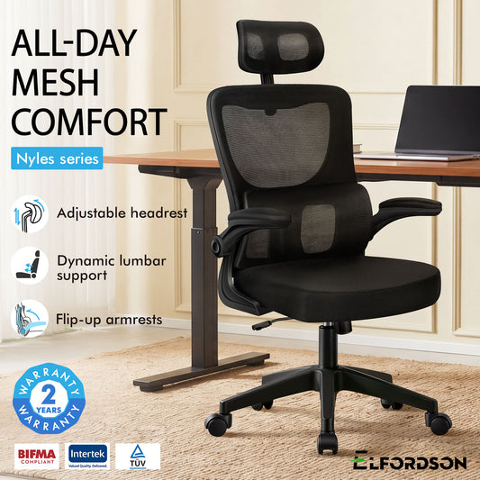 ELFORDSON Mesh Office Chair Executive Computer Fabric Tilt All Black