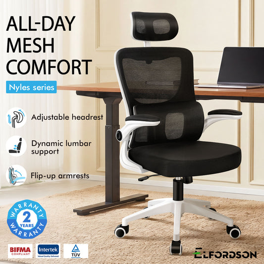 ELFORDSON Mesh Office Chair Executive Computer Fabric Tilt Black and White