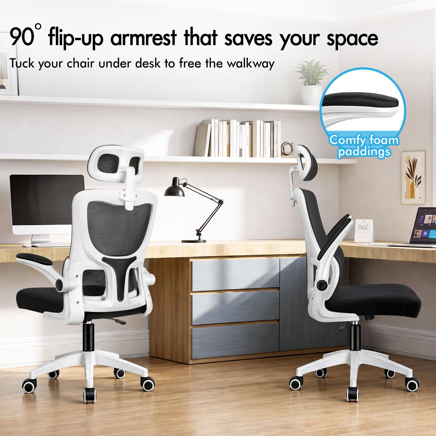 ELFORDSON Mesh Office Chair Executive Computer Fabric Tilt Black and White