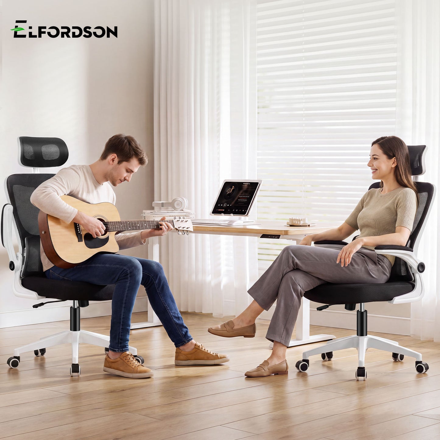ELFORDSON Mesh Office Chair Executive Computer Fabric Tilt Black and White