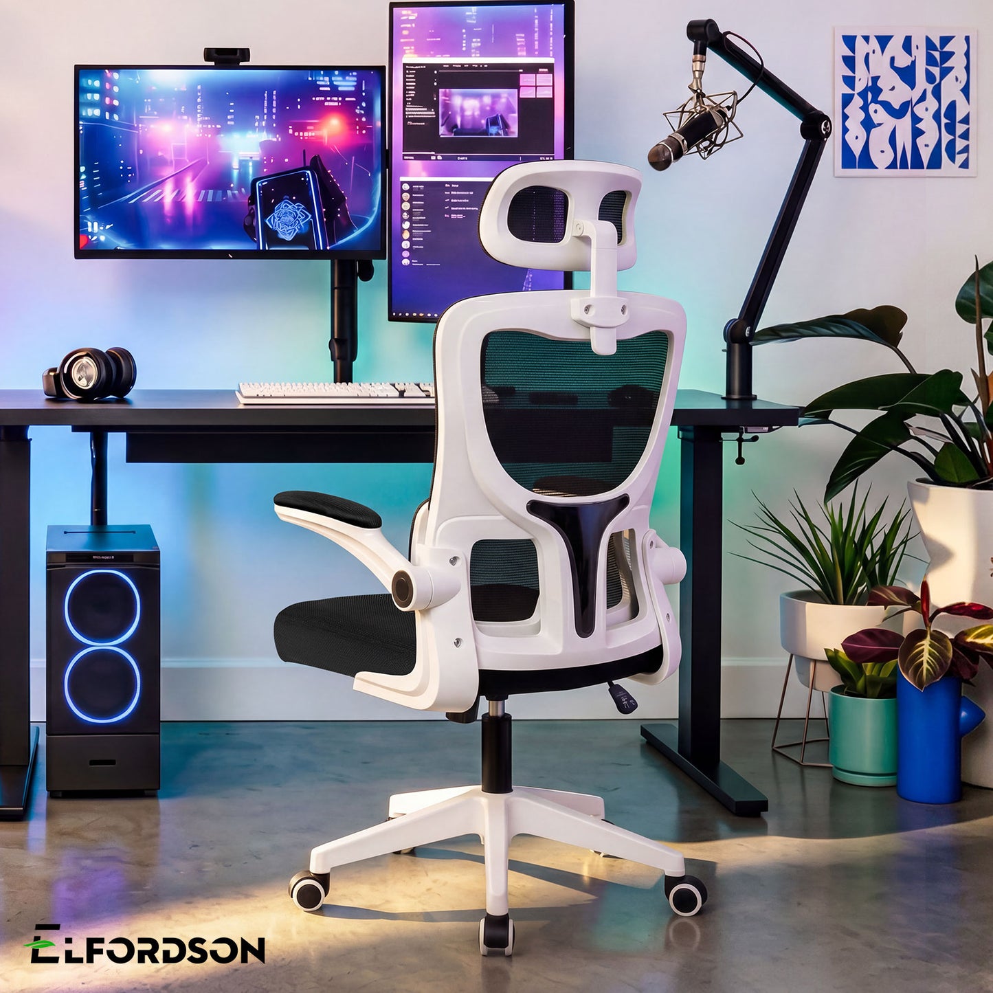 ELFORDSON Mesh Office Chair Executive Computer Fabric Tilt Black and White
