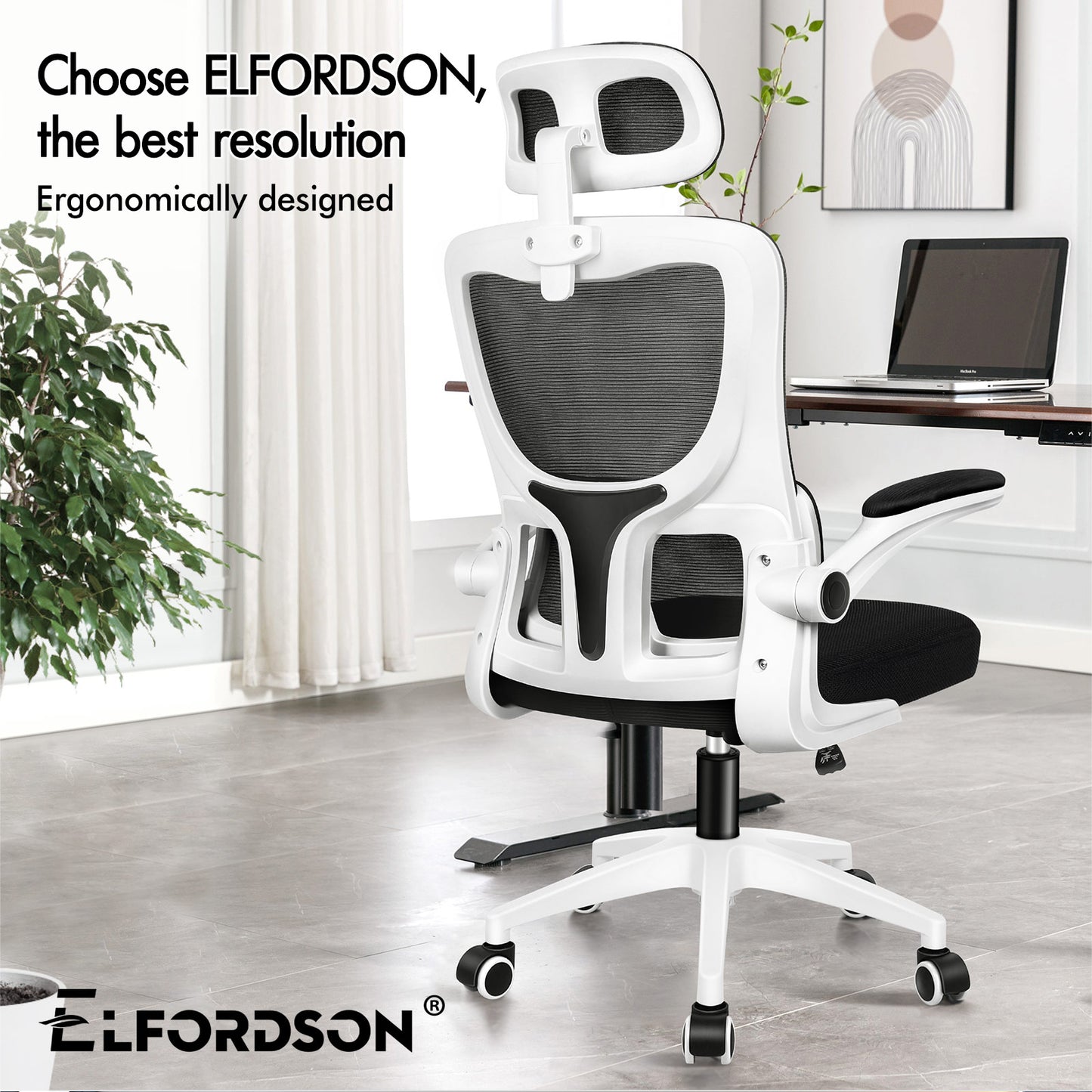 ELFORDSON Mesh Office Chair Executive Computer Fabric Tilt Black and White