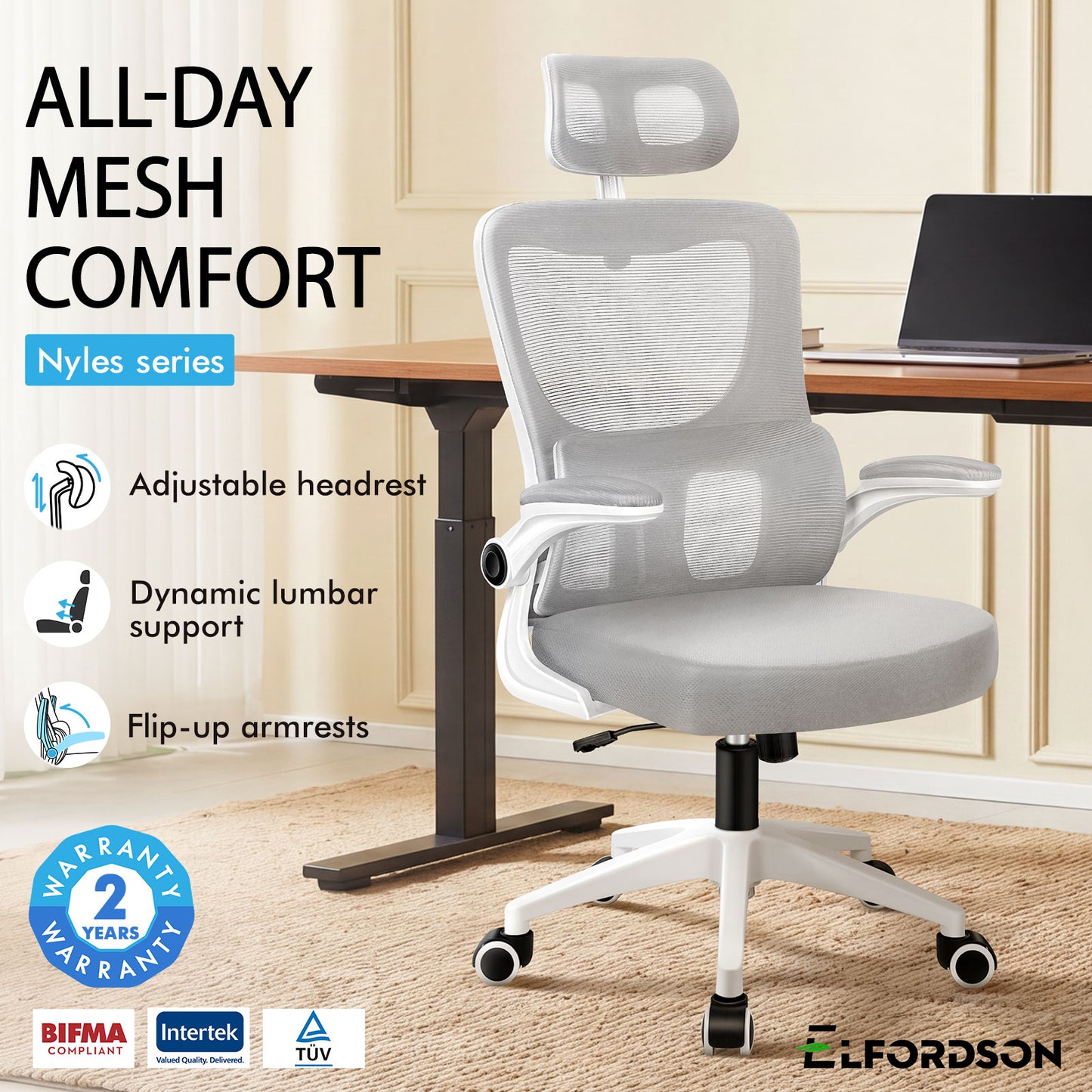 ELFORDSON Mesh Office Chair Executive Computer Fabric Tilt Grey and White
