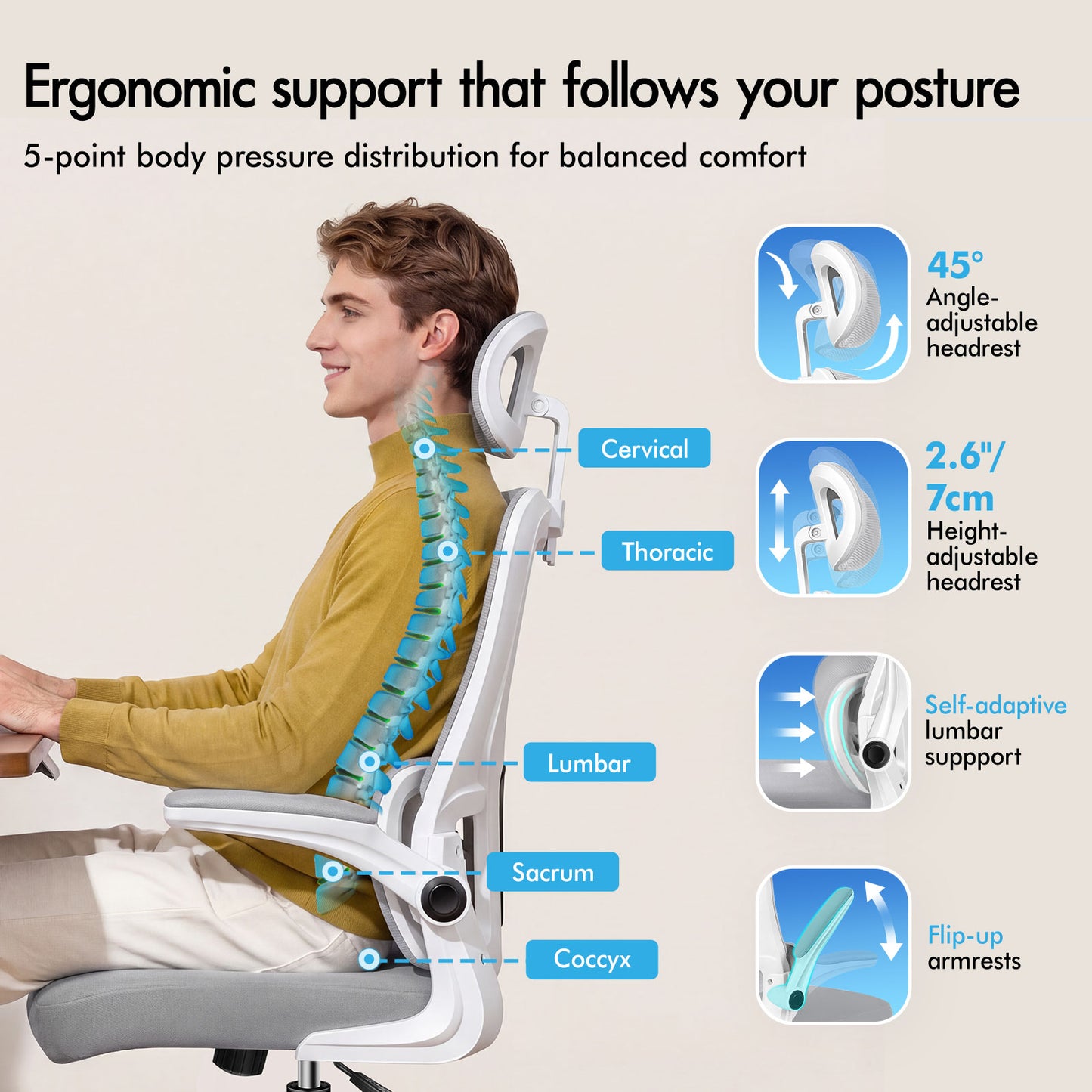 ELFORDSON Mesh Office Chair Executive Computer Fabric Tilt Grey and White