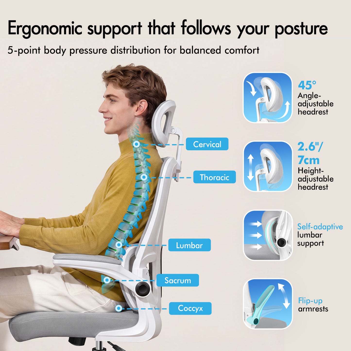 ELFORDSON Mesh Office Chair Executive Computer Fabric Tilt Grey and White