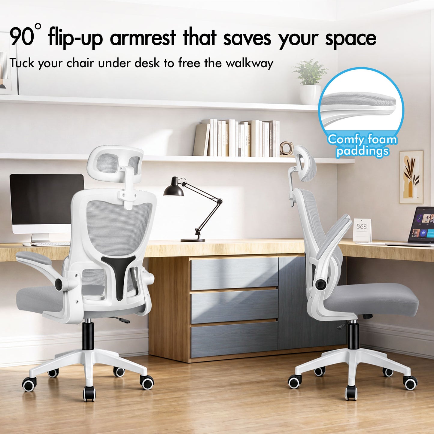 ELFORDSON Mesh Office Chair Executive Computer Fabric Tilt Grey and White