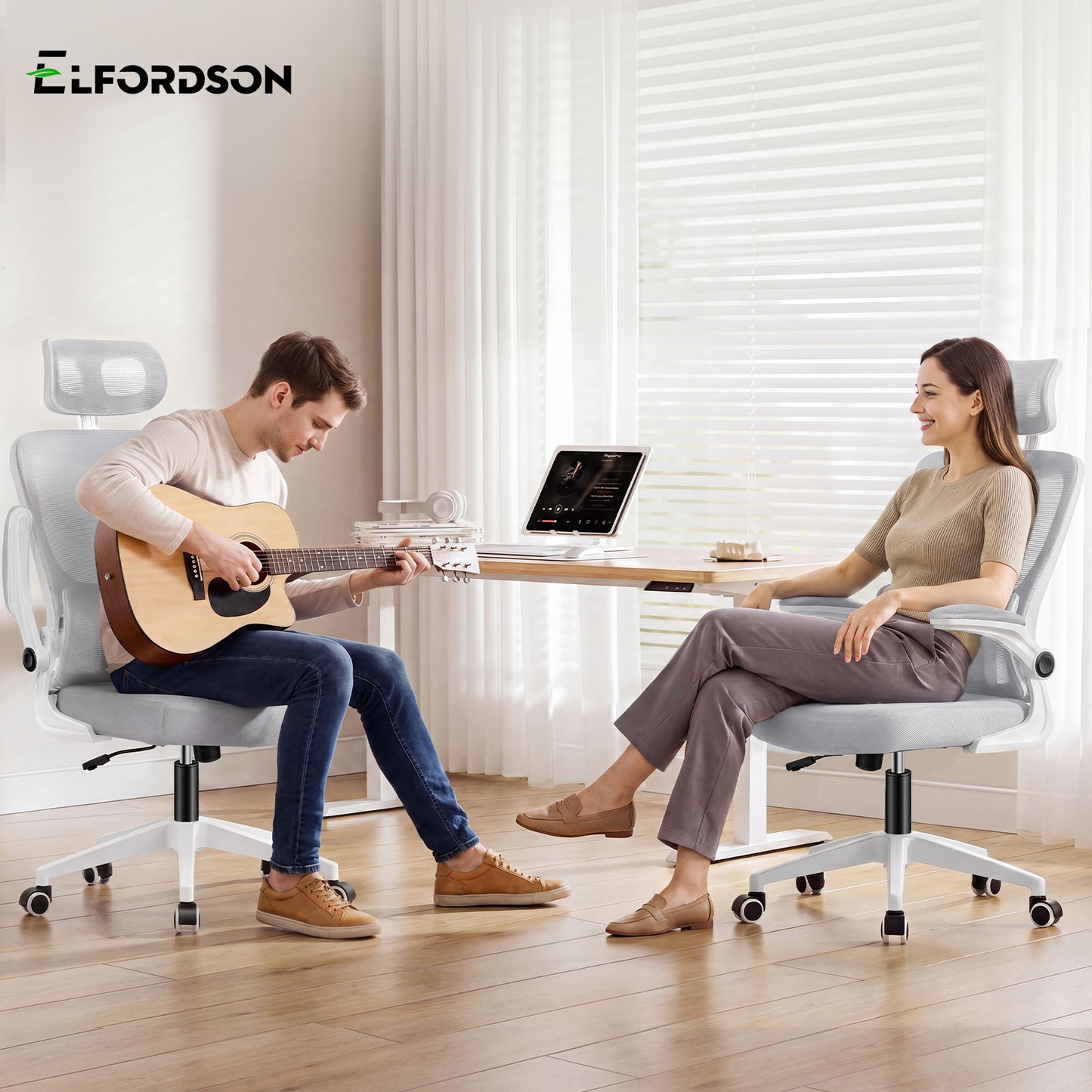 ELFORDSON Mesh Office Chair Executive Computer Fabric Tilt Grey and White