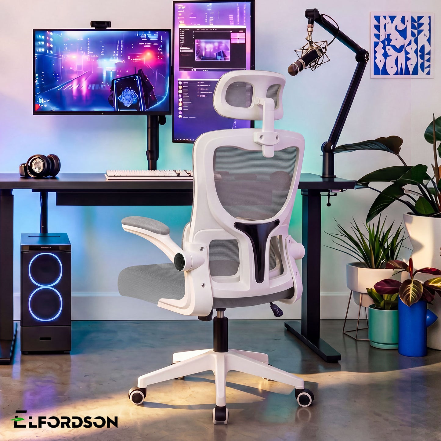 ELFORDSON Mesh Office Chair Executive Computer Fabric Tilt Grey and White