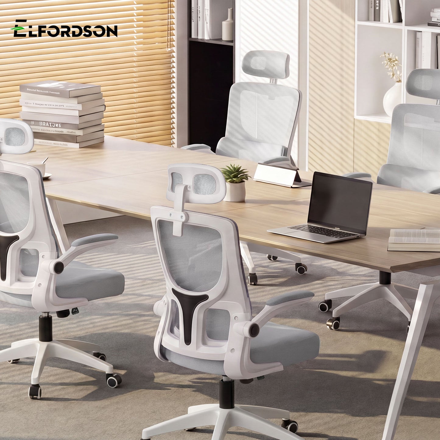 ELFORDSON Mesh Office Chair Executive Computer Fabric Tilt Grey and White