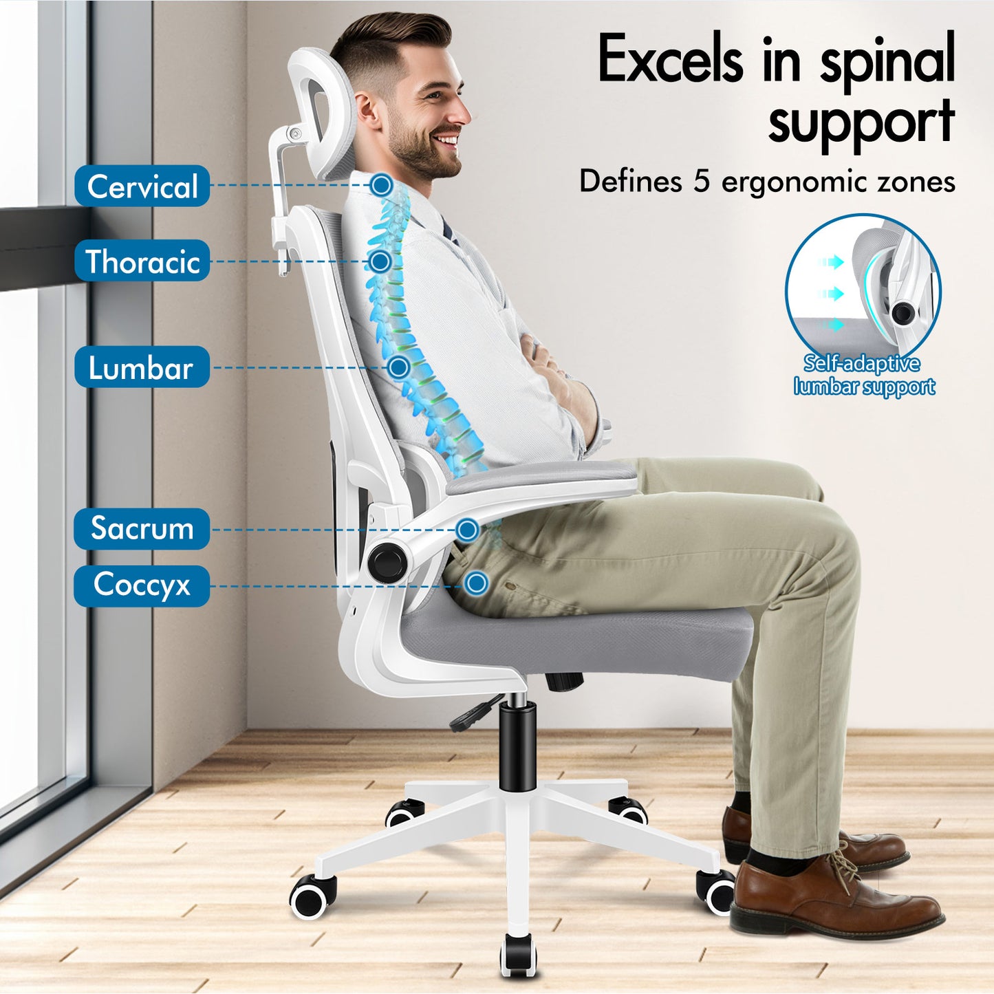 ELFORDSON Mesh Office Chair Executive Computer Fabric Tilt Grey and White