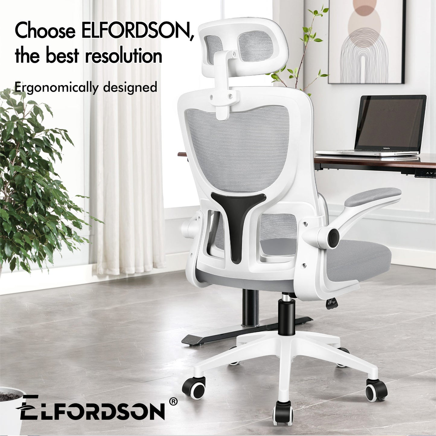 ELFORDSON Mesh Office Chair Executive Computer Fabric Tilt Grey and White