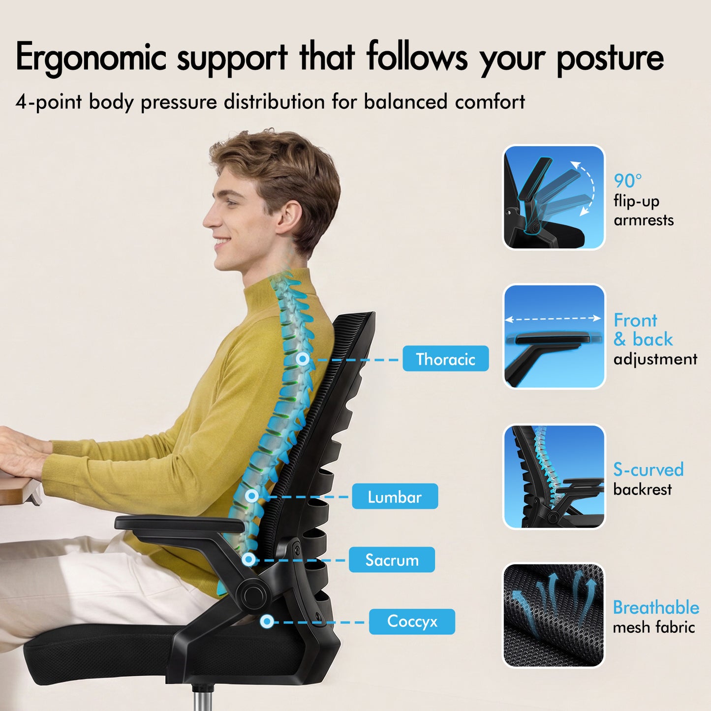 ELFORDSON Mesh Office Chair Executive Computer Seat Work All Black