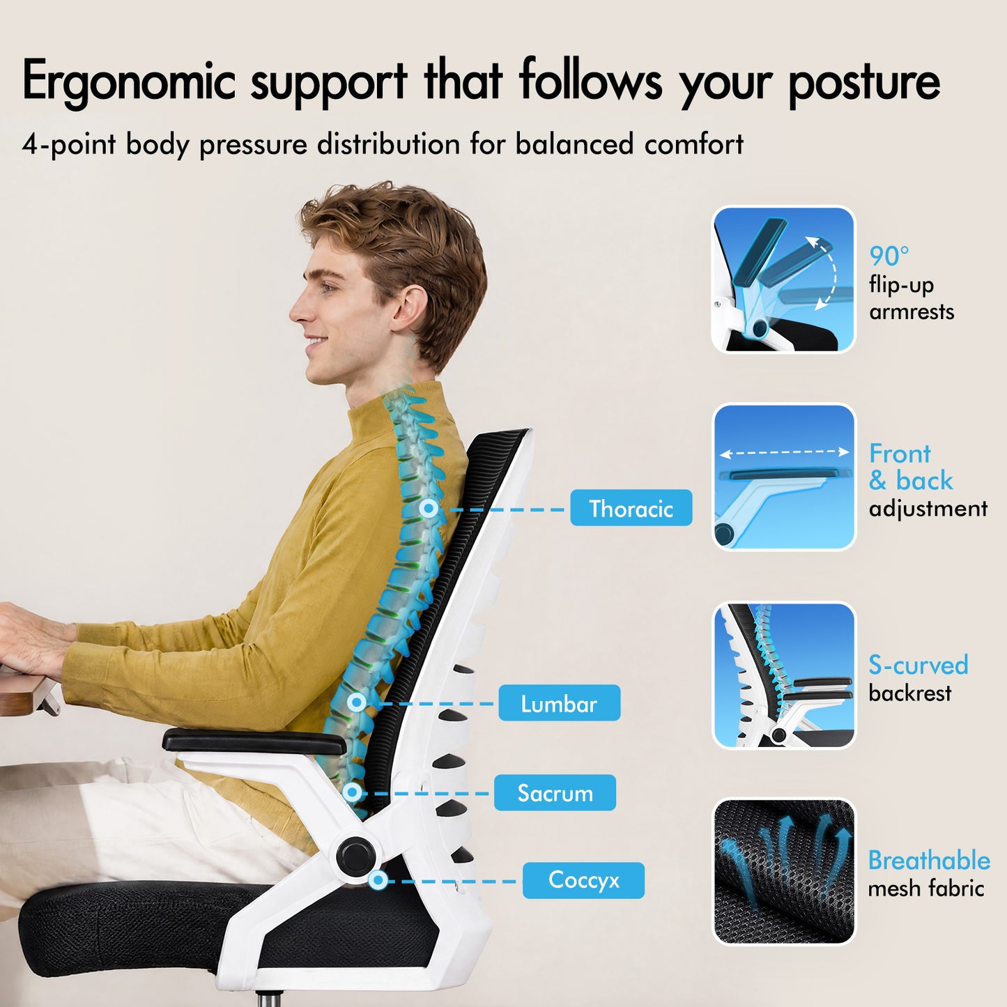 ELFORDSON Mesh Office Chair Executive Computer Seat Work Black and White