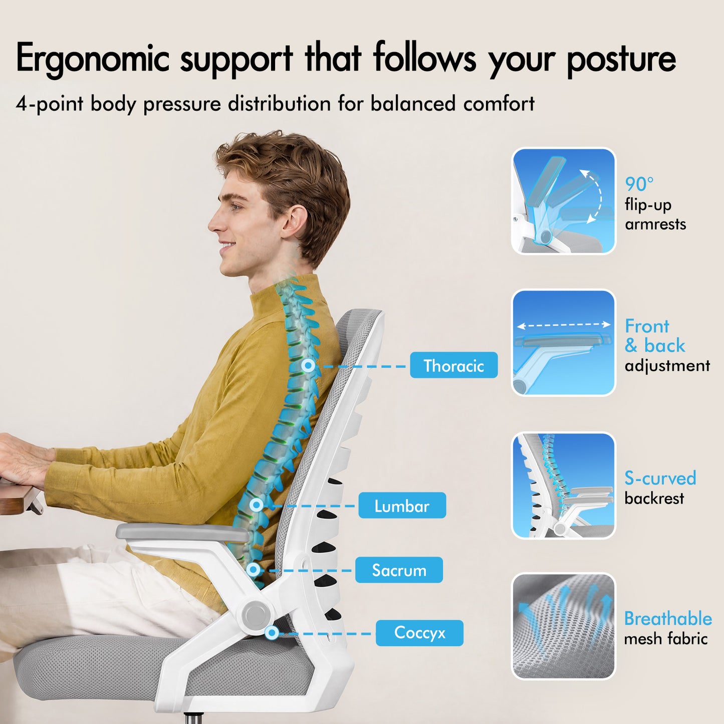 ELFORDSON Mesh Office Chair Executive Computer Seat Work Grey and White