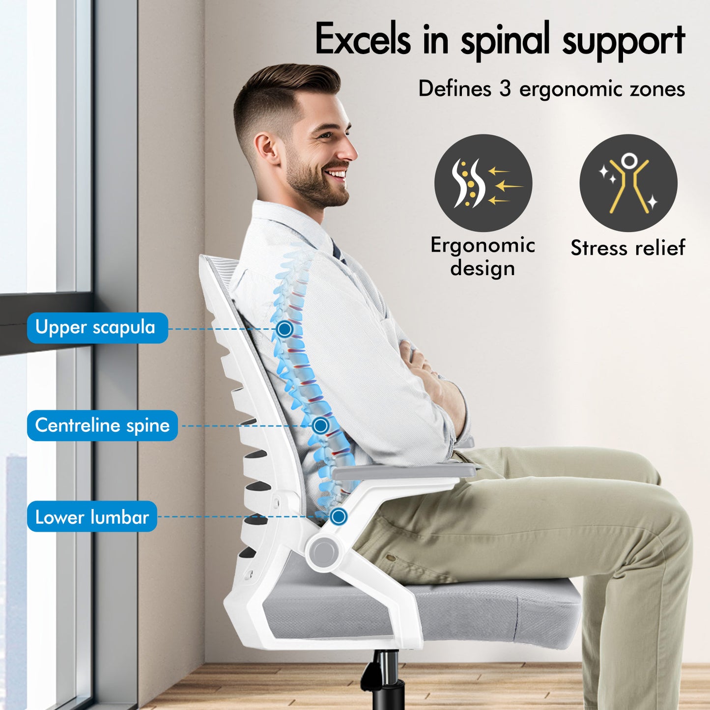 ELFORDSON Mesh Office Chair Executive Computer Seat Work Grey and White