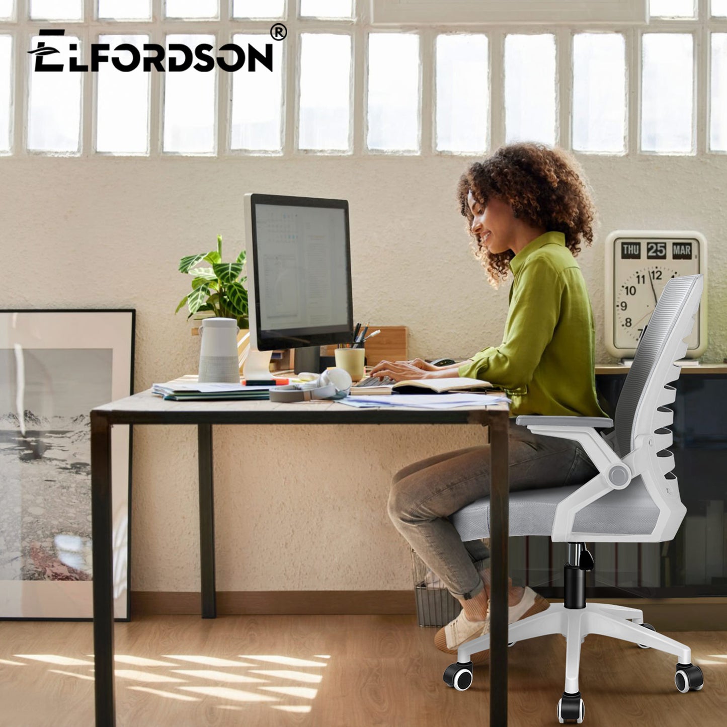 ELFORDSON Mesh Office Chair Executive Computer Seat Work Grey and White