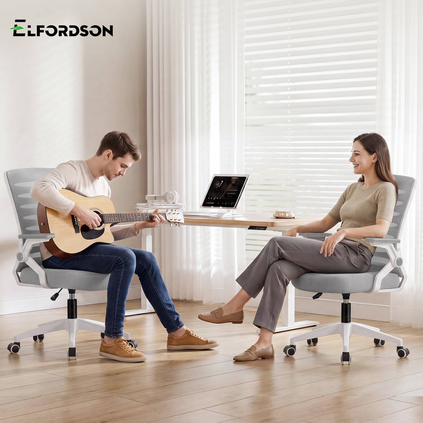 ELFORDSON Mesh Office Chair Executive Computer Seat Work Grey and White