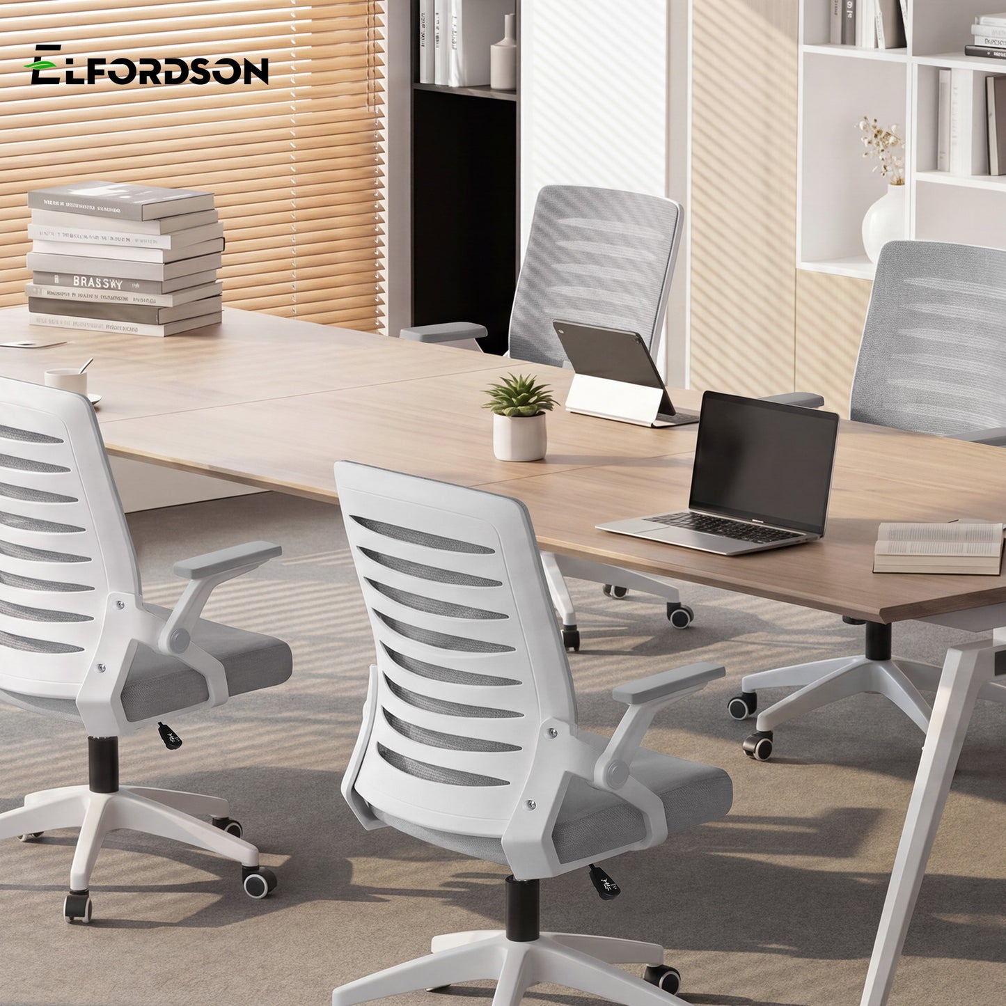 ELFORDSON Mesh Office Chair Executive Computer Seat Work Grey and White