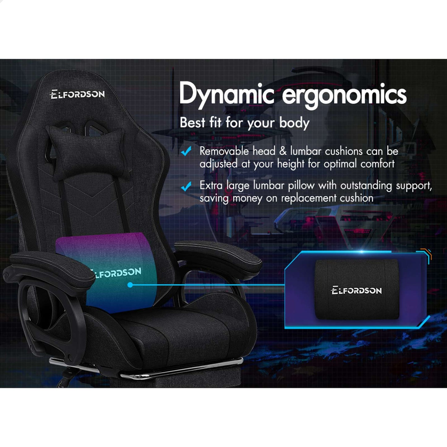 ELFORDSON Gaming Chair Office 12 RGB LED Massage Computer Seat Fabric Black