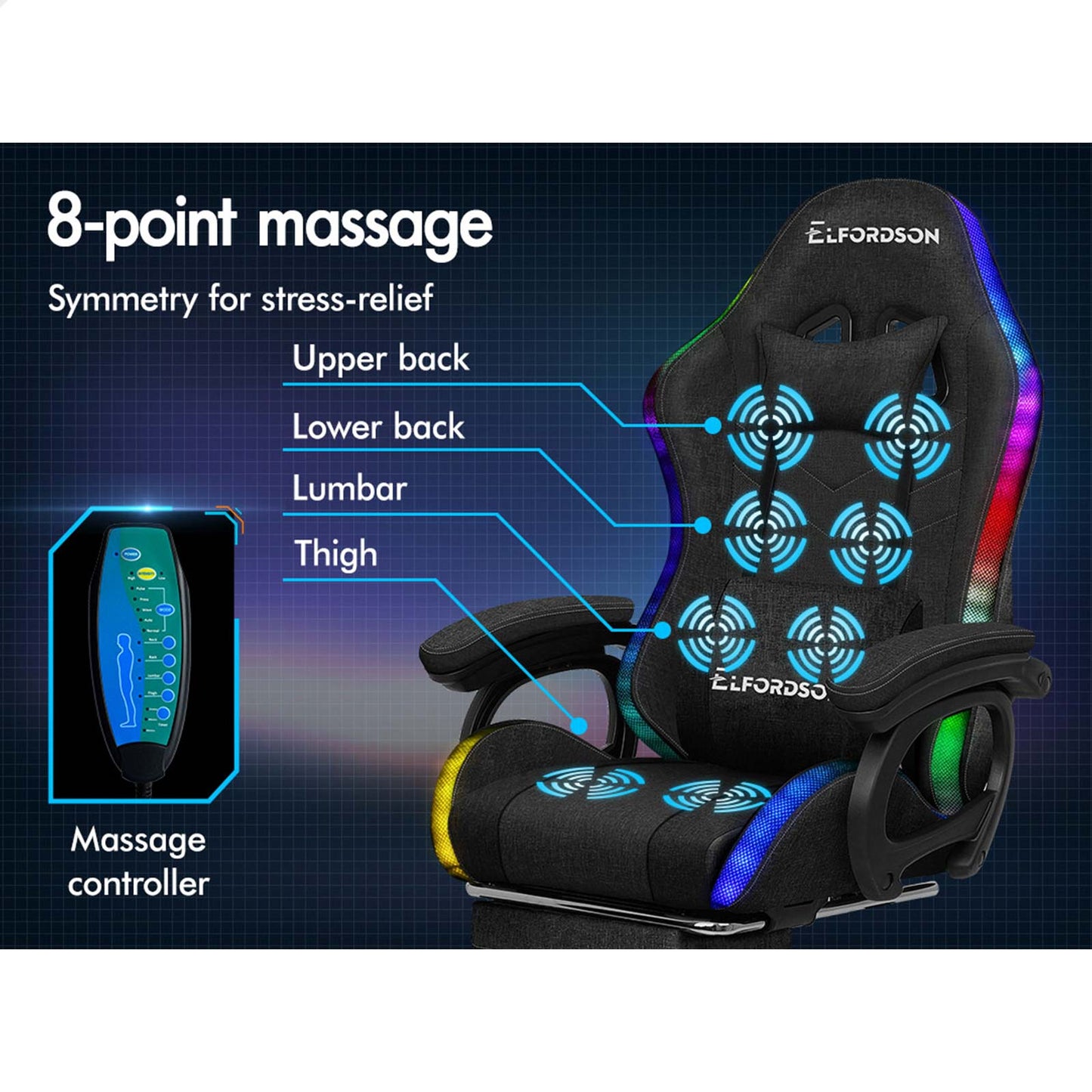 ELFORDSON Gaming Chair Office 12 RGB LED Massage Computer Seat Fabric Black