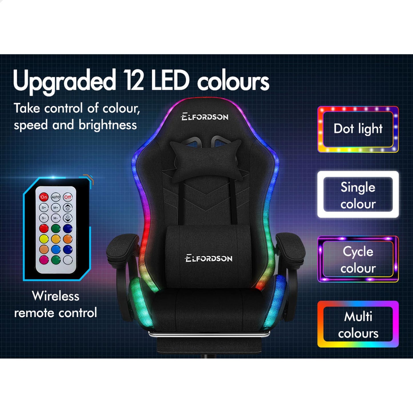 ELFORDSON Gaming Chair Office 12 RGB LED Massage Computer Seat Fabric Black