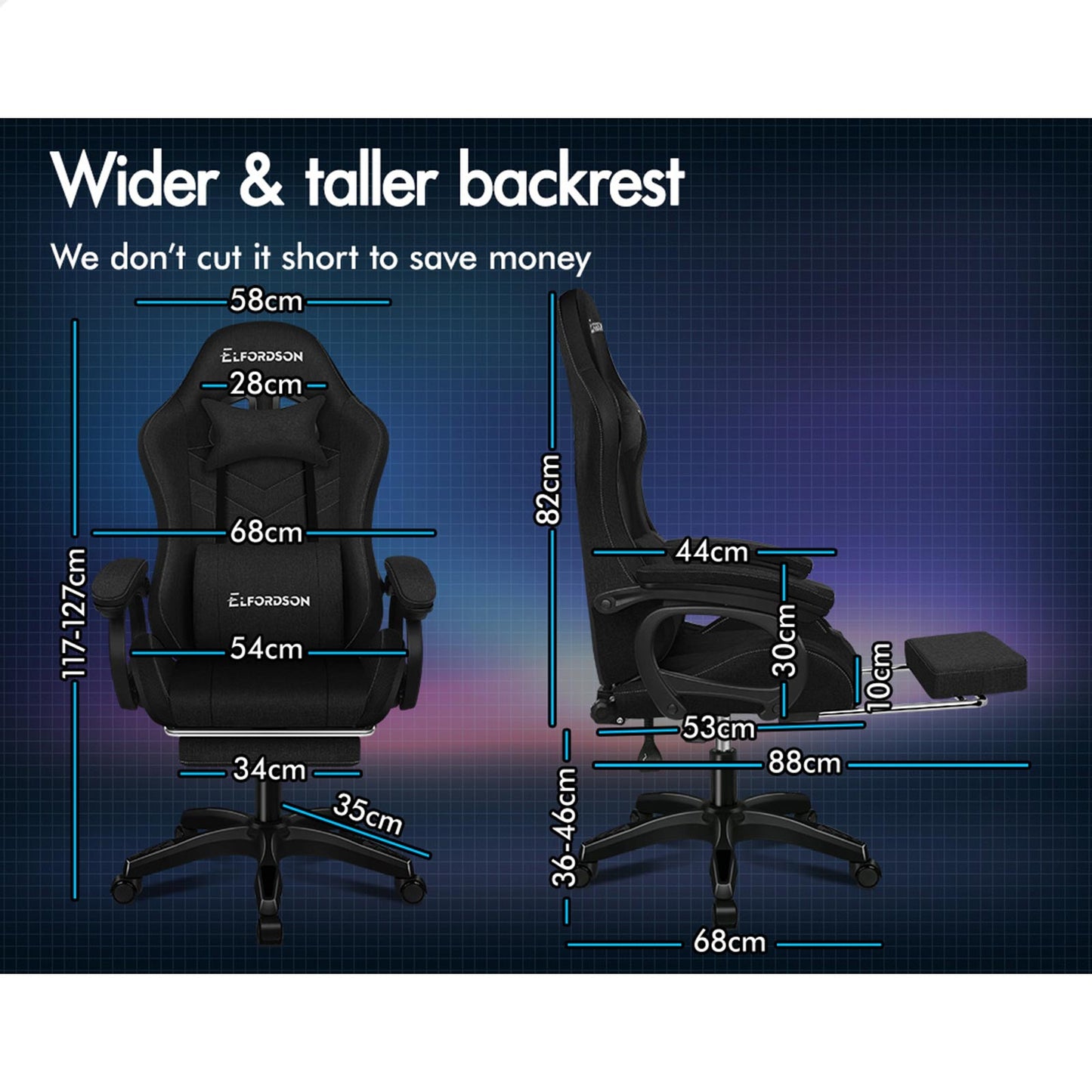 ELFORDSON Gaming Chair Office 12 RGB LED Massage Computer Seat Fabric Black