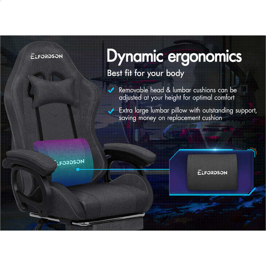 ELFORDSON Gaming Chair Office 12 RGB LED Massage Computer Seat Fabric Grey