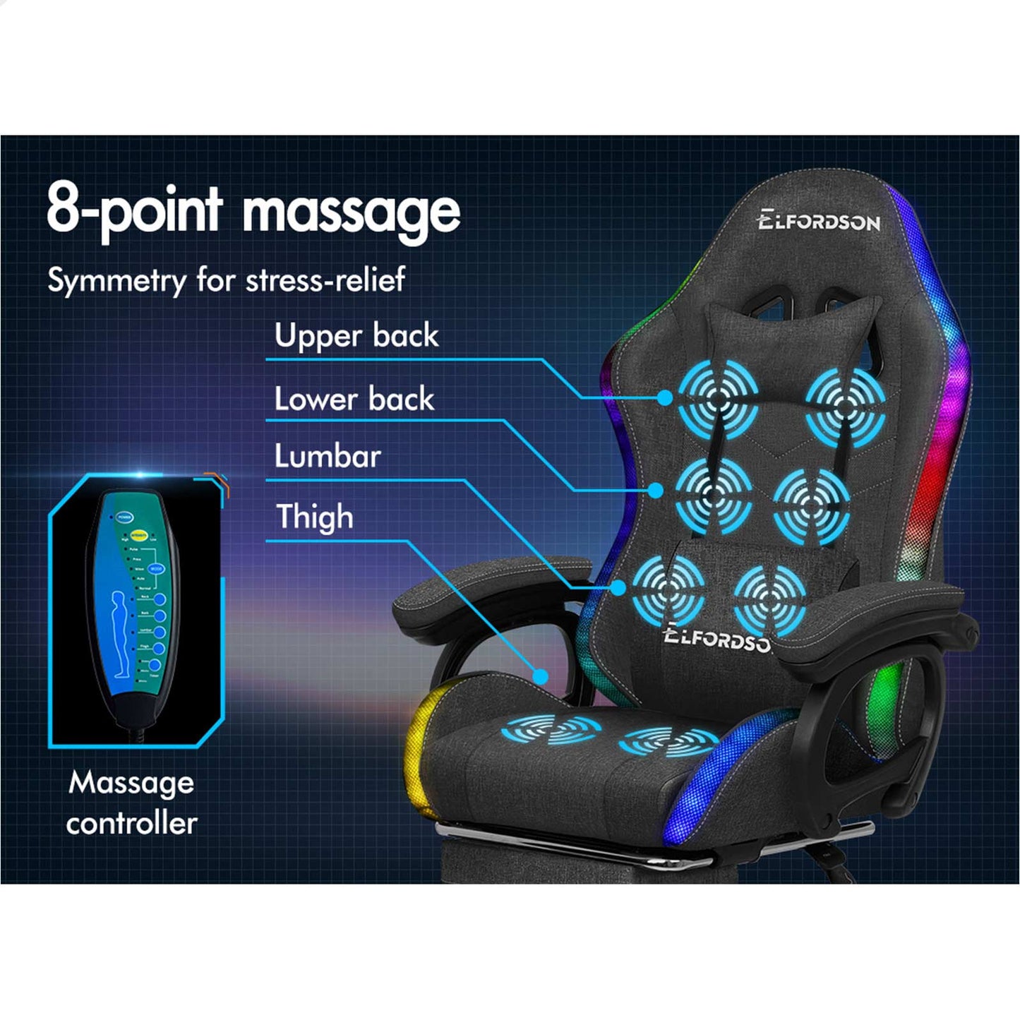 ELFORDSON Gaming Chair Office 12 RGB LED Massage Computer Seat Fabric Grey