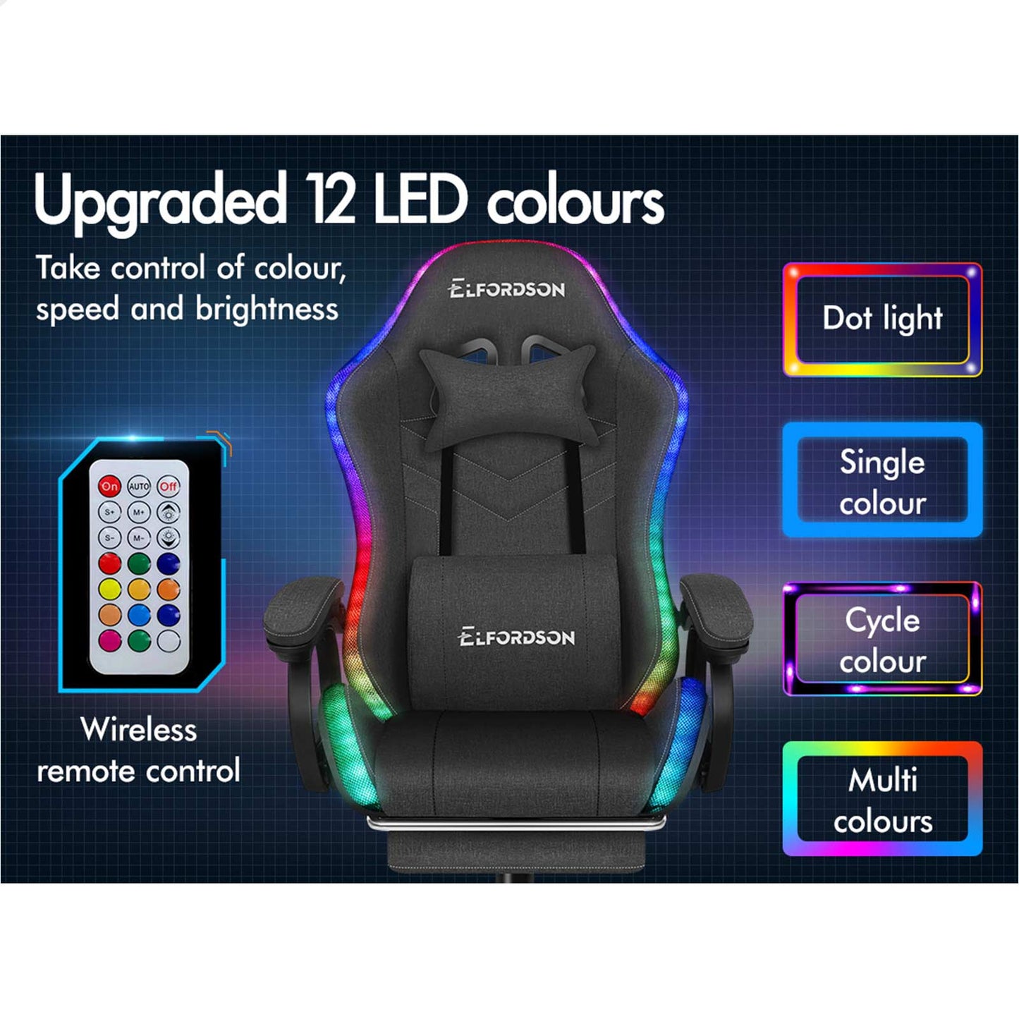 ELFORDSON Gaming Chair Office 12 RGB LED Massage Computer Seat Fabric Grey