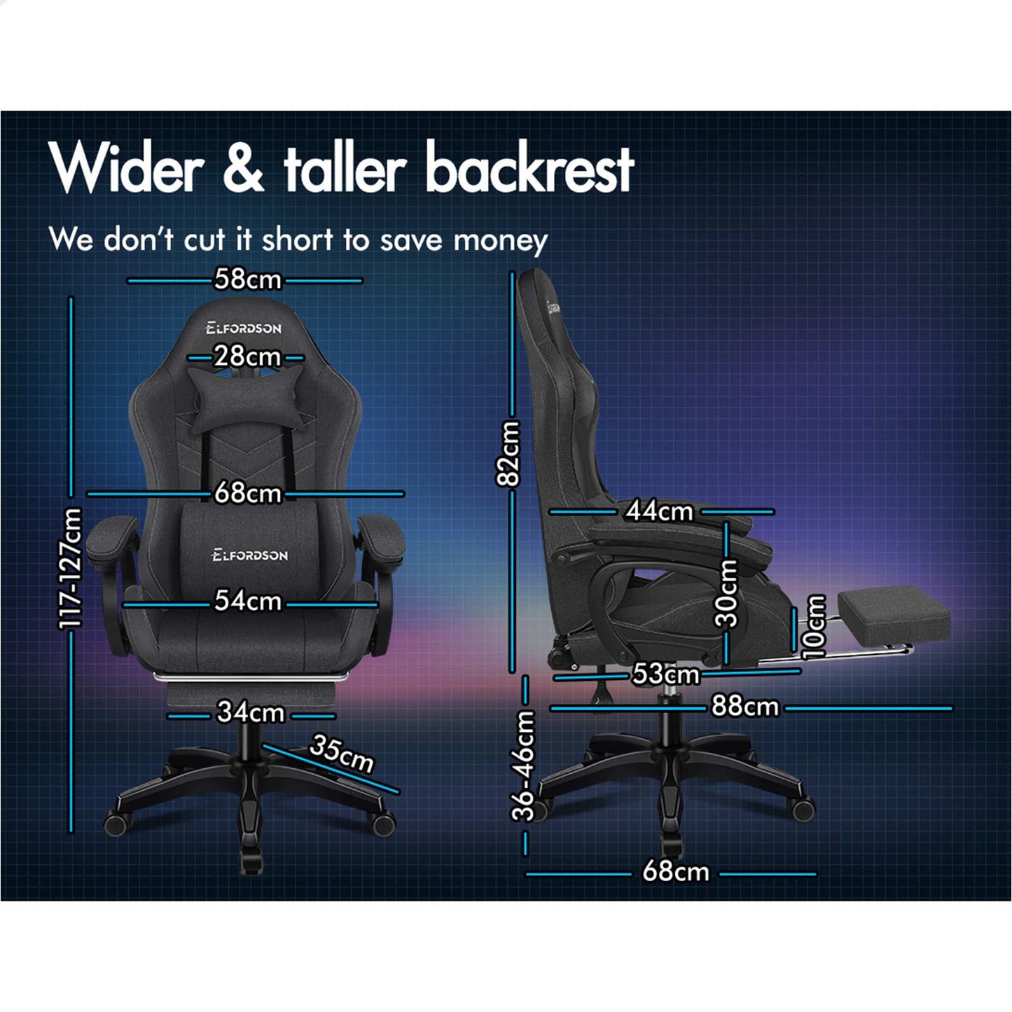 ELFORDSON Gaming Chair Office 12 RGB LED Massage Computer Seat Fabric Grey