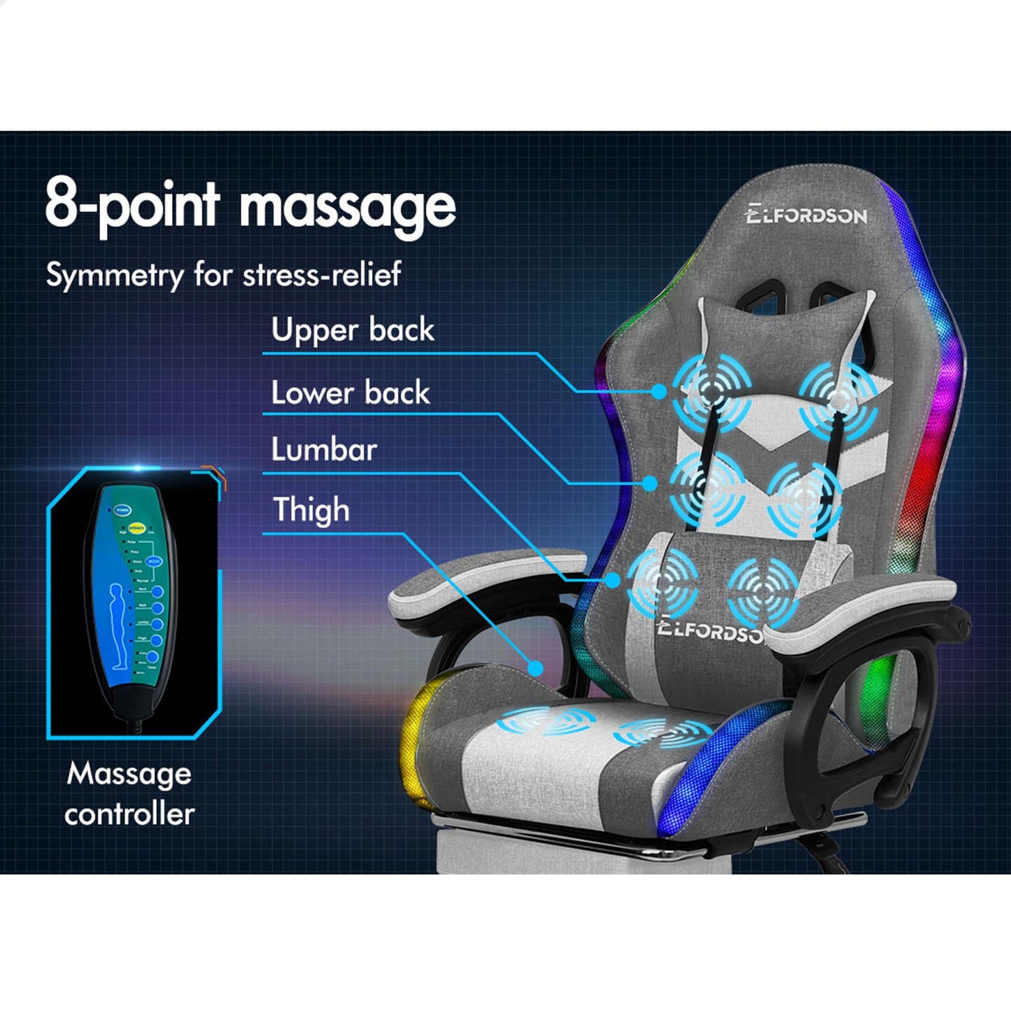 ELFORDSON Gaming Chair Office 12 RGB LED Massage Computer Fabric Seat Grey