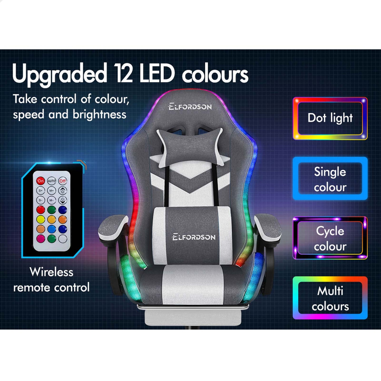 ELFORDSON Gaming Chair Office 12 RGB LED Massage Computer Fabric Seat Grey