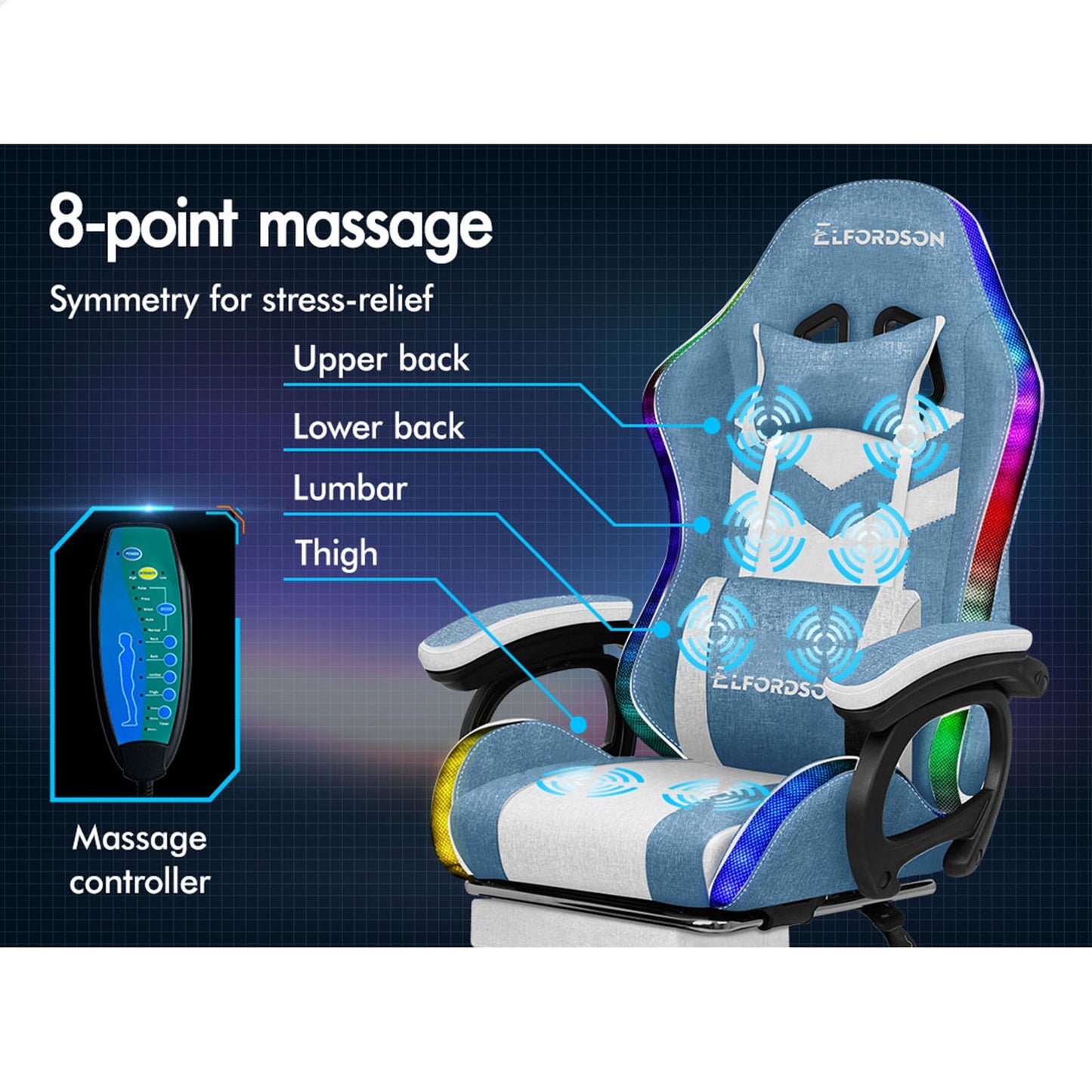 ELFORDSON Gaming Chair Office 12 RGB LED Massage Computer Fabric Seat Blue