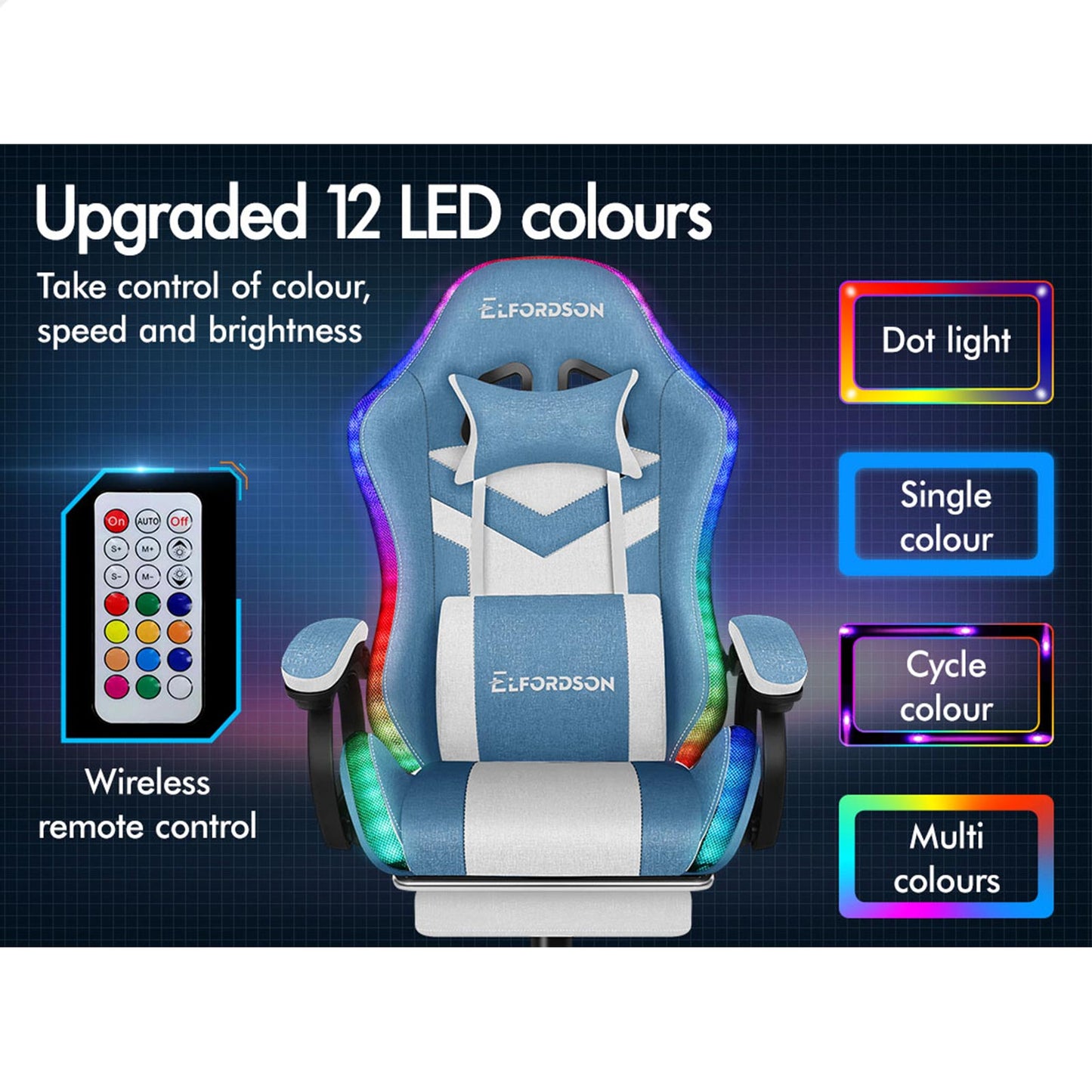 ELFORDSON Gaming Chair Office 12 RGB LED Massage Computer Fabric Seat Blue