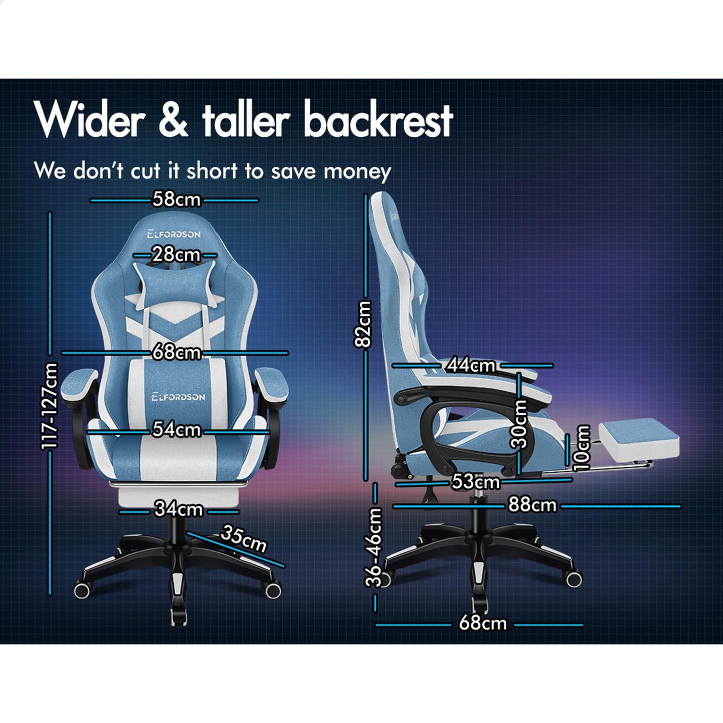 ELFORDSON Gaming Chair Office 12 RGB LED Massage Computer Fabric Seat Blue