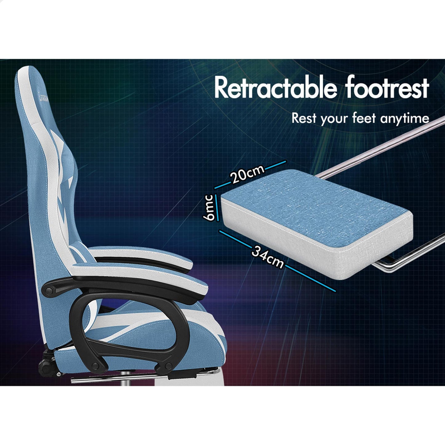 ELFORDSON Gaming Chair Office 12 RGB LED Massage Computer Fabric Seat Blue