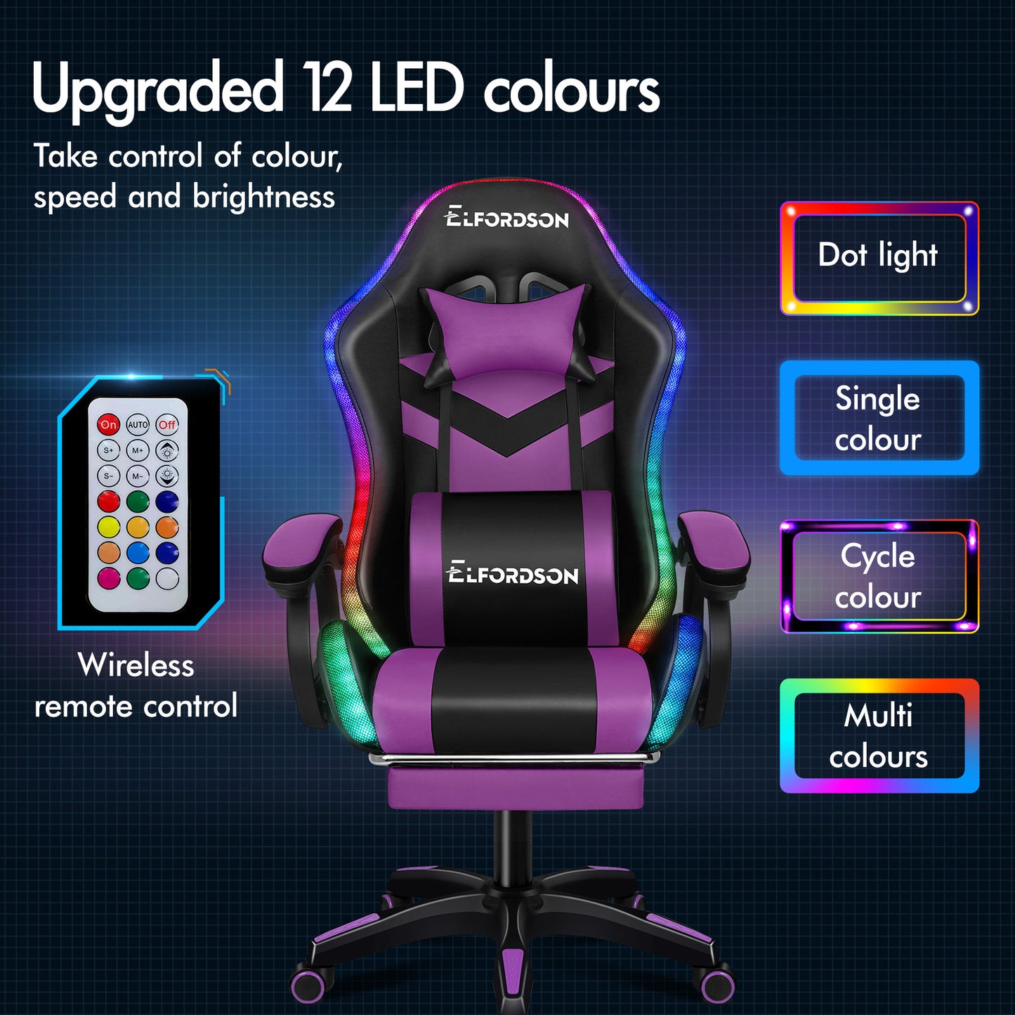 ELFORDSON Gaming Chair with RGB LED Light 8-Point Massage, Purple