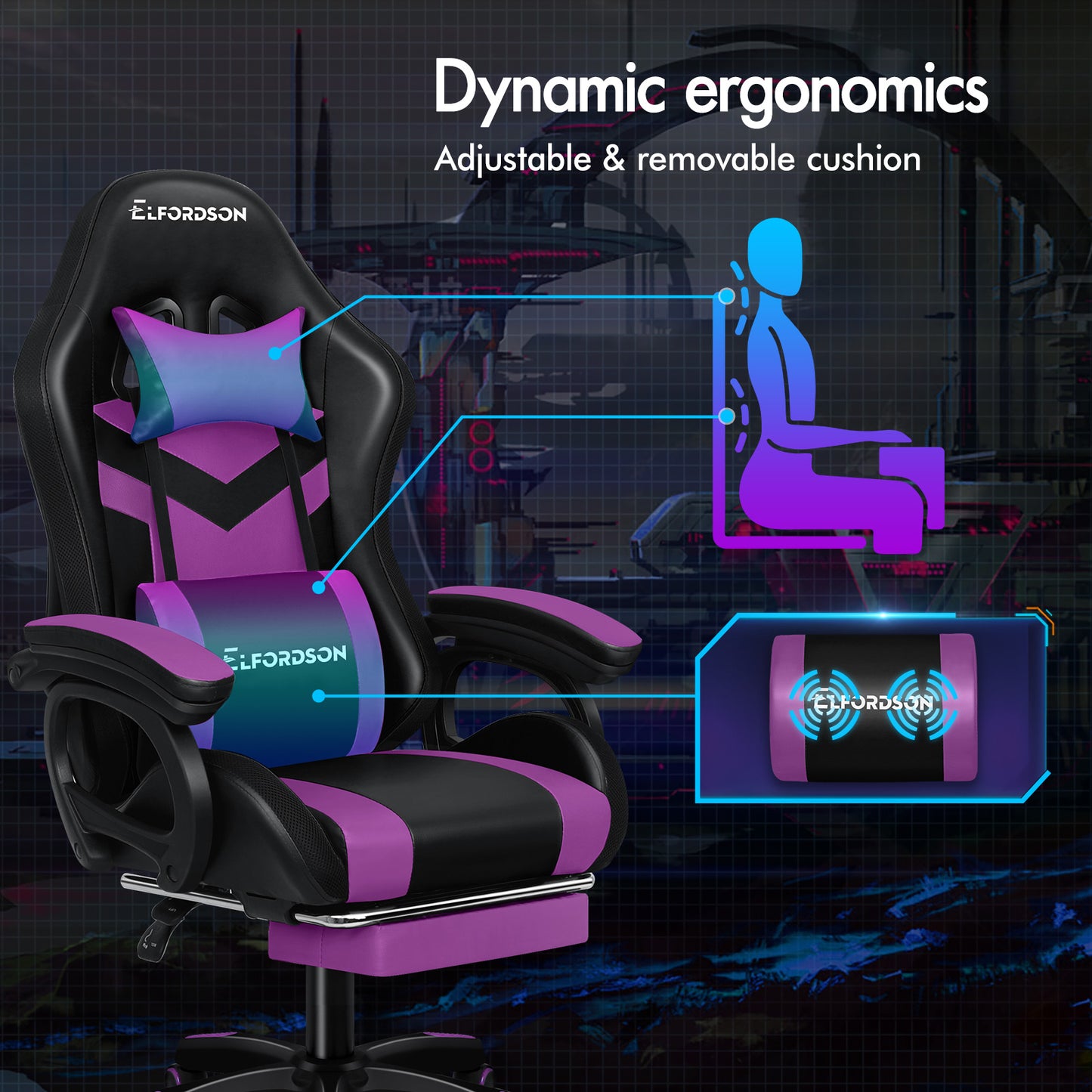 ELFORDSON Gaming Chair with RGB LED Light 8-Point Massage, Purple