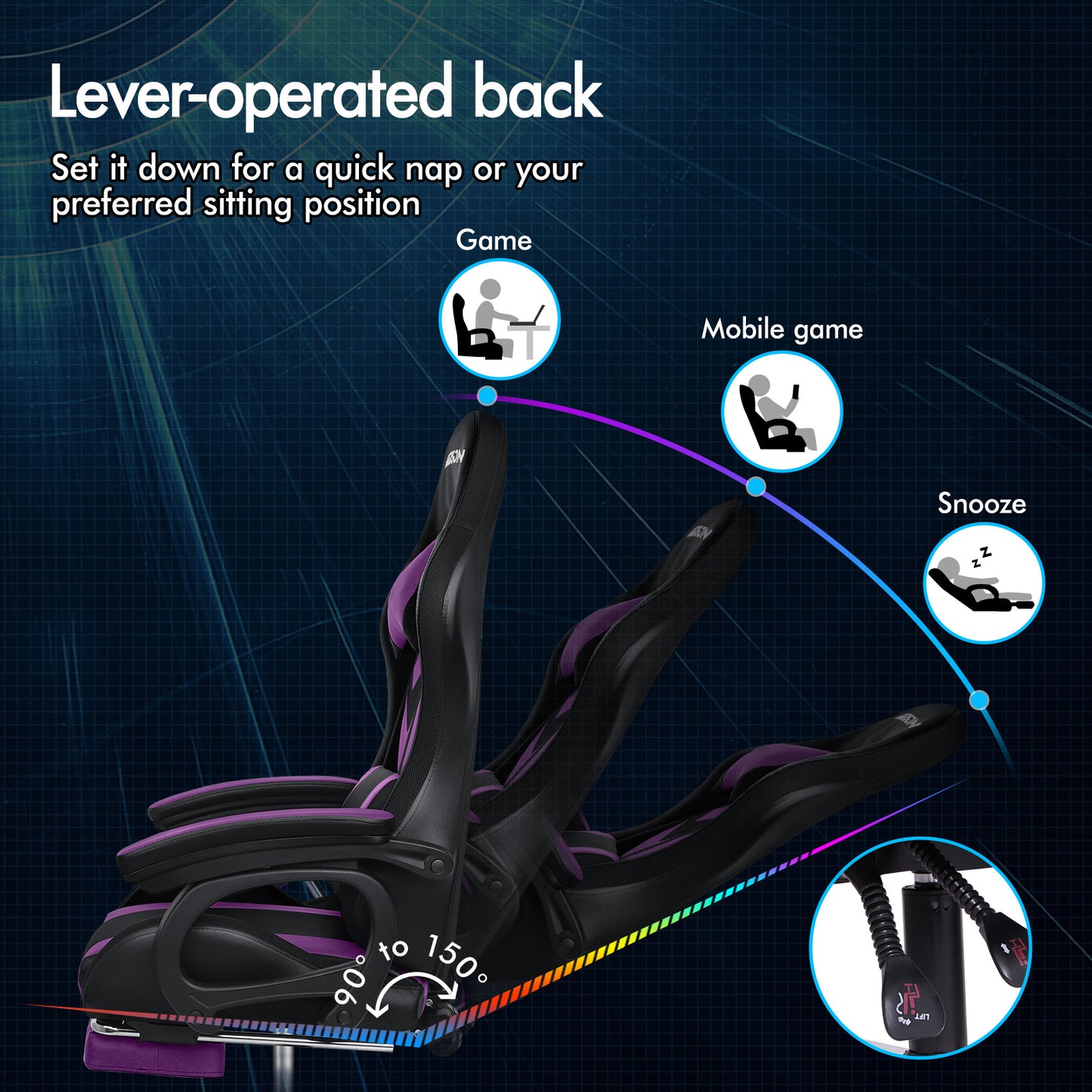 ELFORDSON Gaming Chair with RGB LED Light 8-Point Massage, Purple