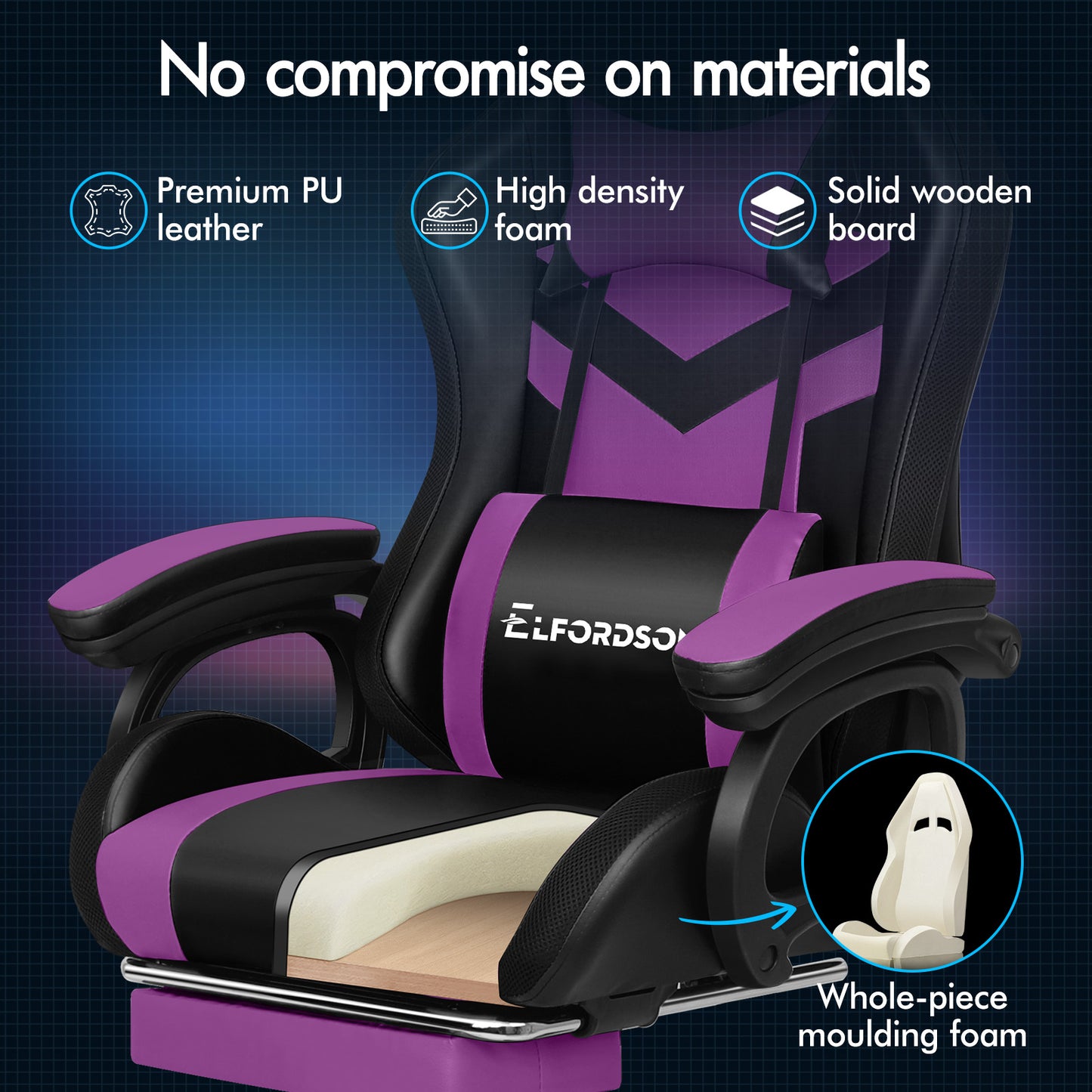 ELFORDSON Gaming Chair with RGB LED Light 8-Point Massage, Purple