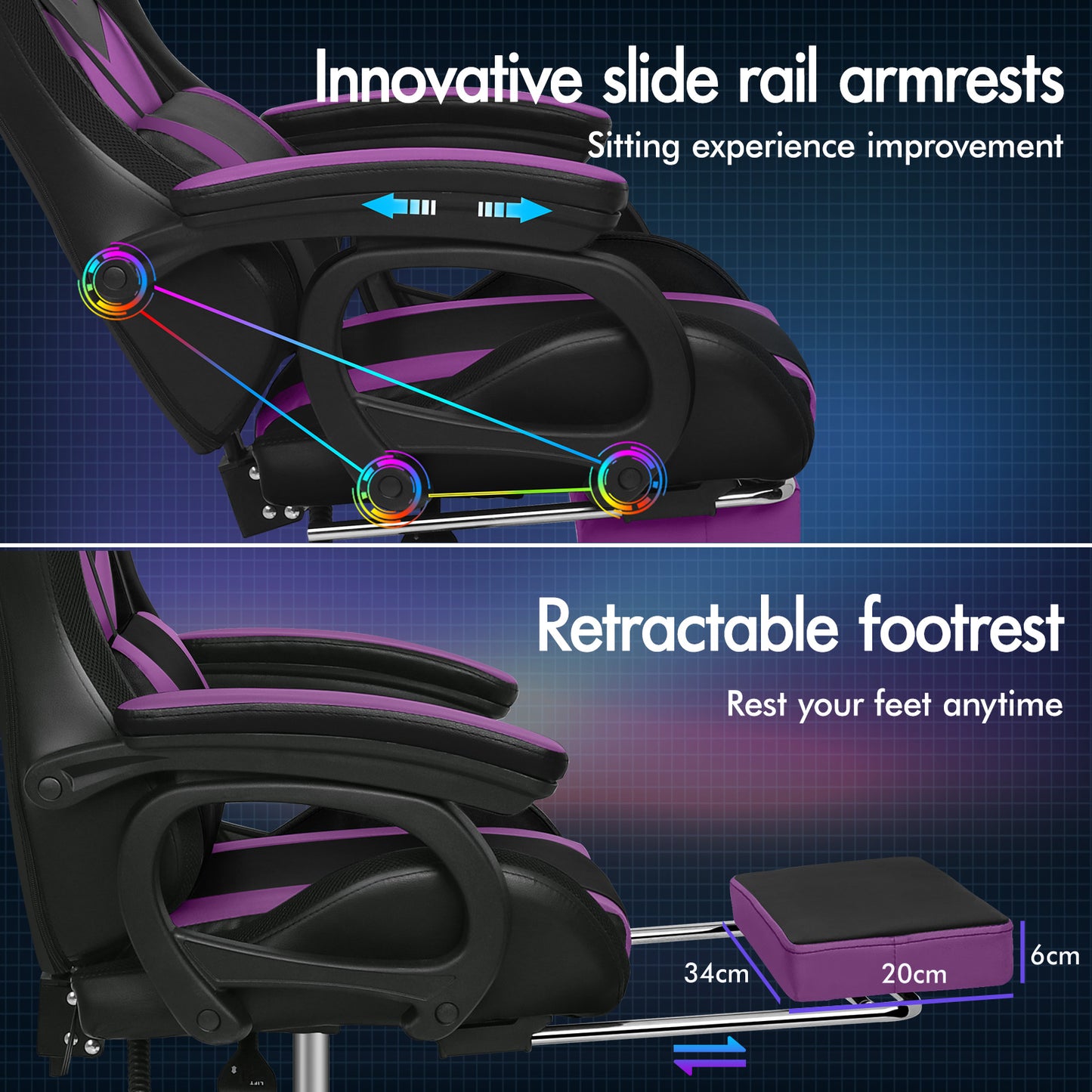 ELFORDSON Gaming Chair with RGB LED Light 8-Point Massage, Purple
